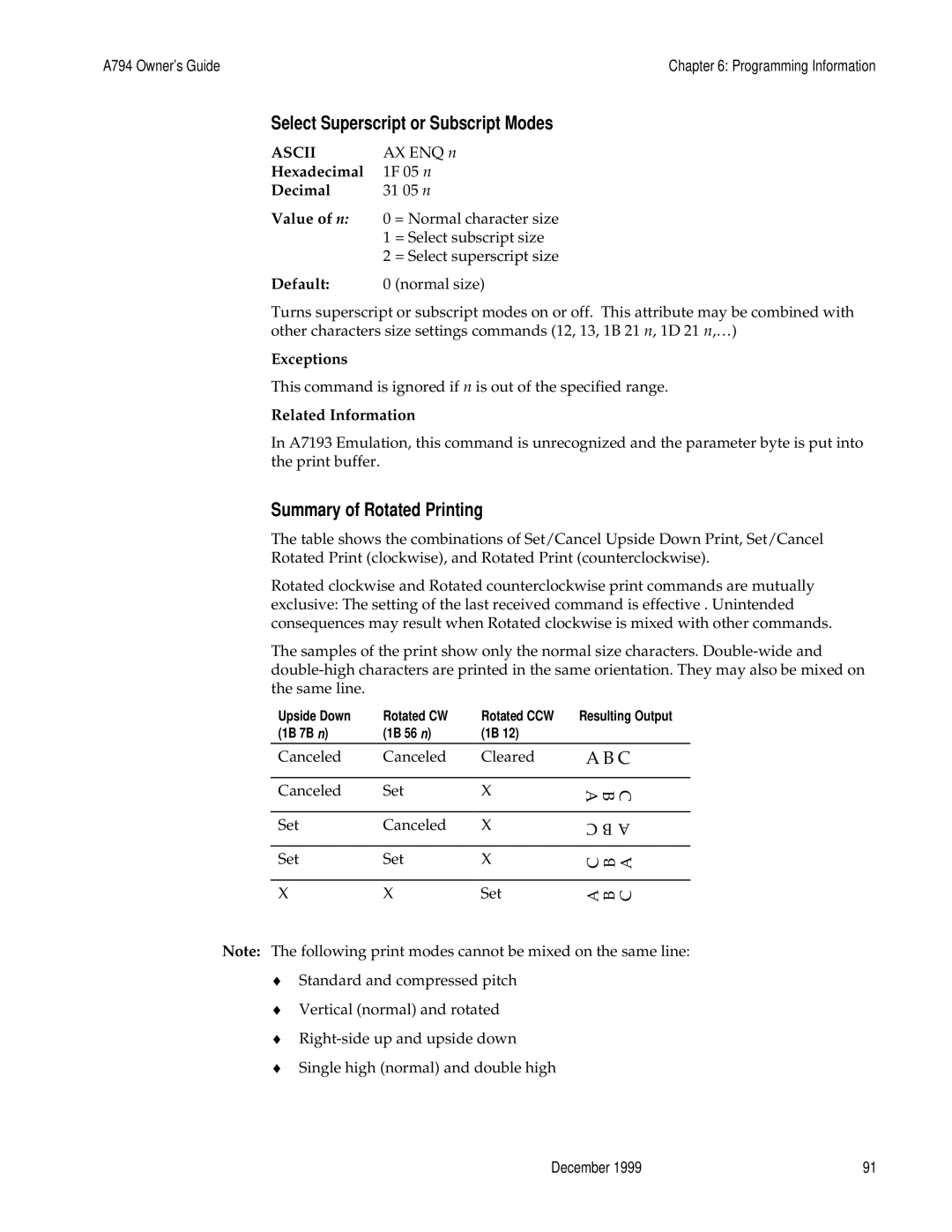 M-S Cash Drawer A794 manual Select Superscript or Subscript Modes, Summary of Rotated Printing 