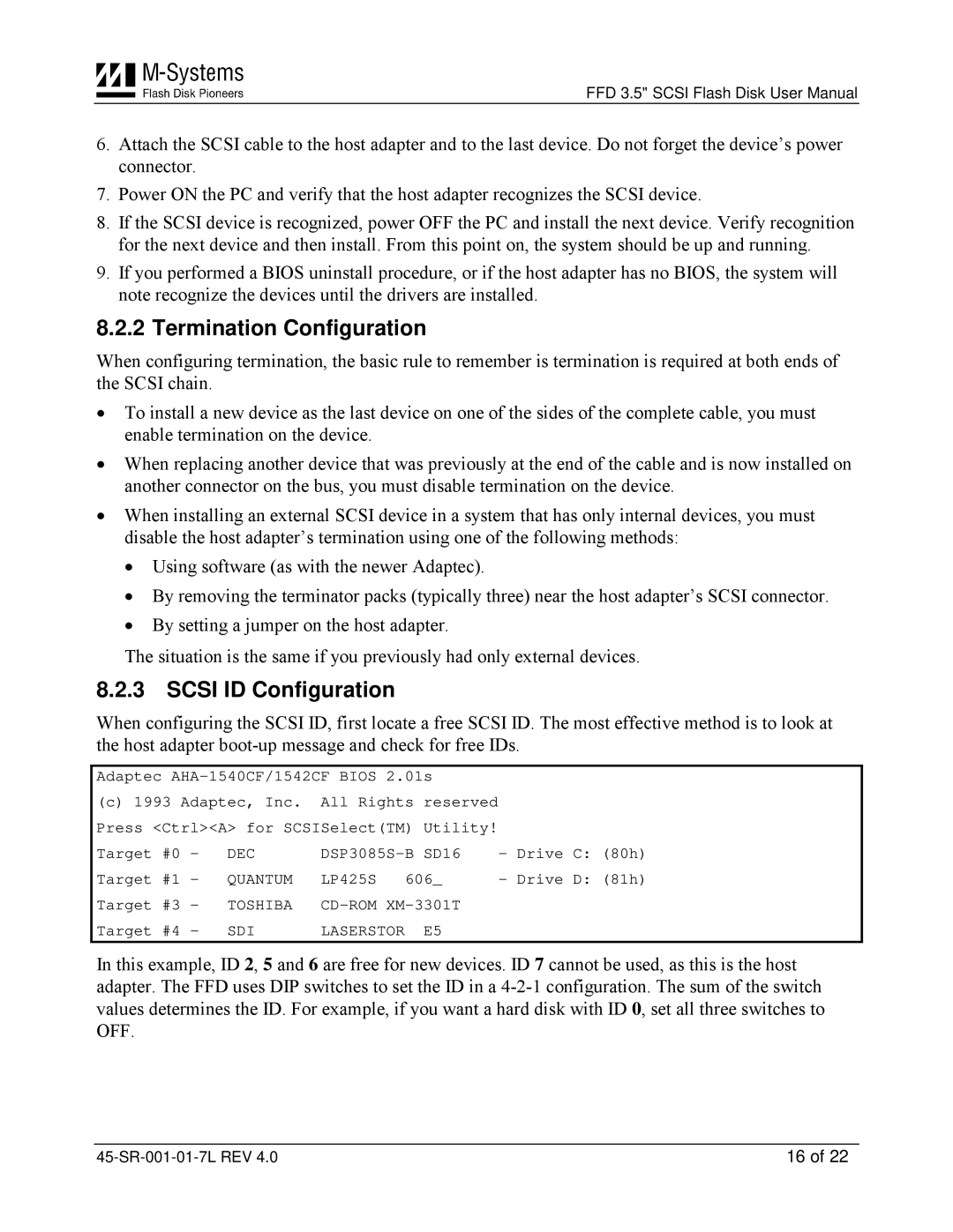 M-Systems Flash Disk Pioneers 45-SR-001-01-7L user manual Termination Configuration, Scsi ID Configuration 