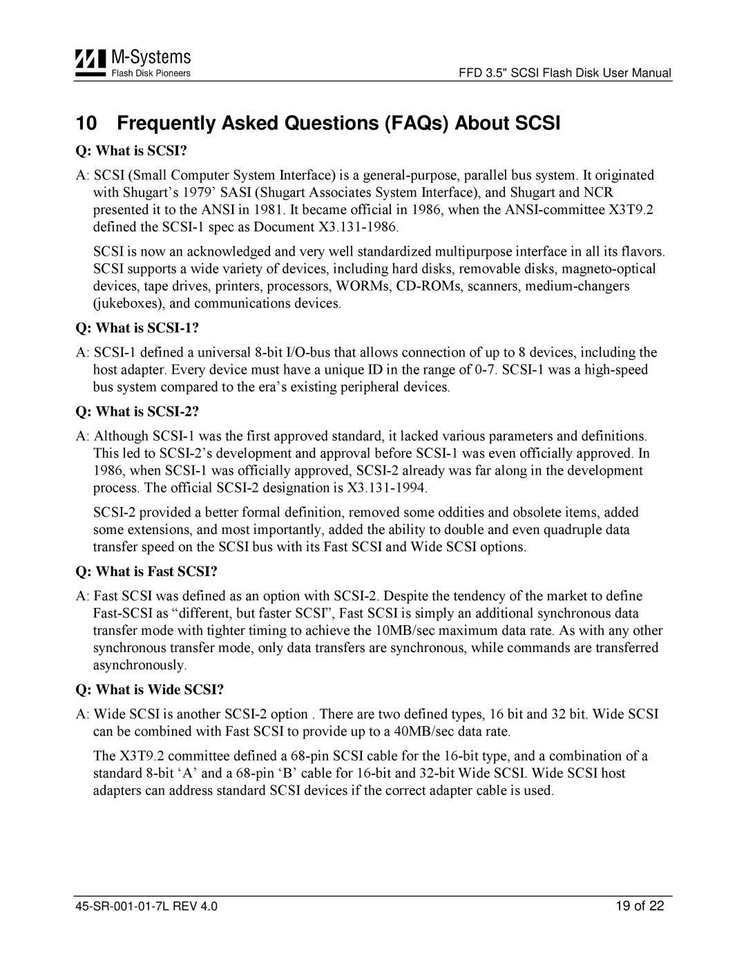 M-Systems Flash Disk Pioneers 45-SR-001-01-7L user manual Frequently Asked Questions FAQs About Scsi 