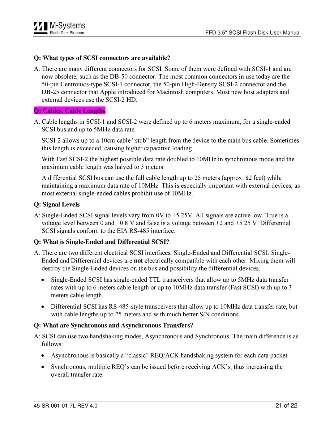 M-Systems Flash Disk Pioneers 45-SR-001-01-7L What types of Scsi connectors are available?, Cables, Cable Lengths 