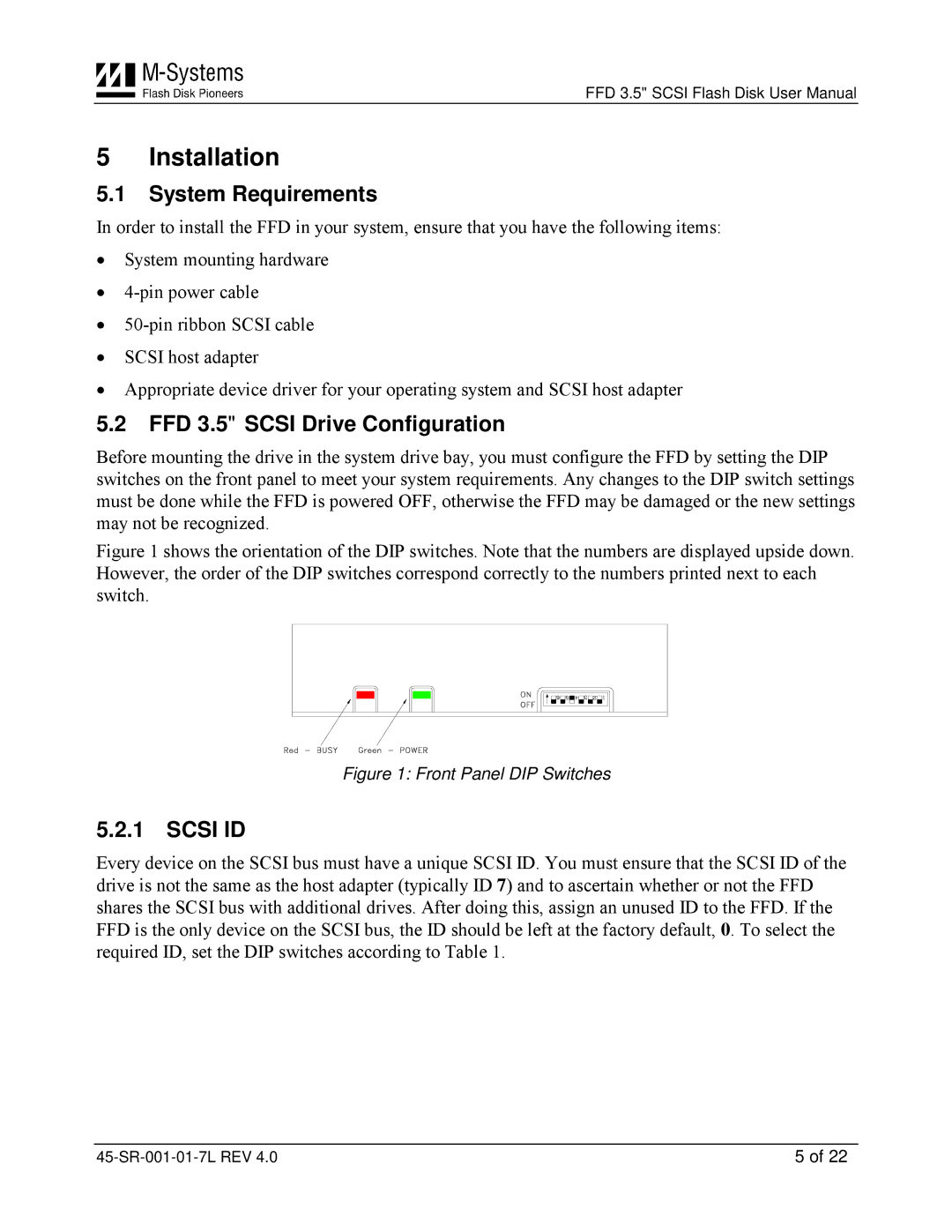 M-Systems Flash Disk Pioneers 45-SR-001-01-7L Installation, System Requirements, FFD 3.5 Scsi Drive Configuration, Scsi ID 