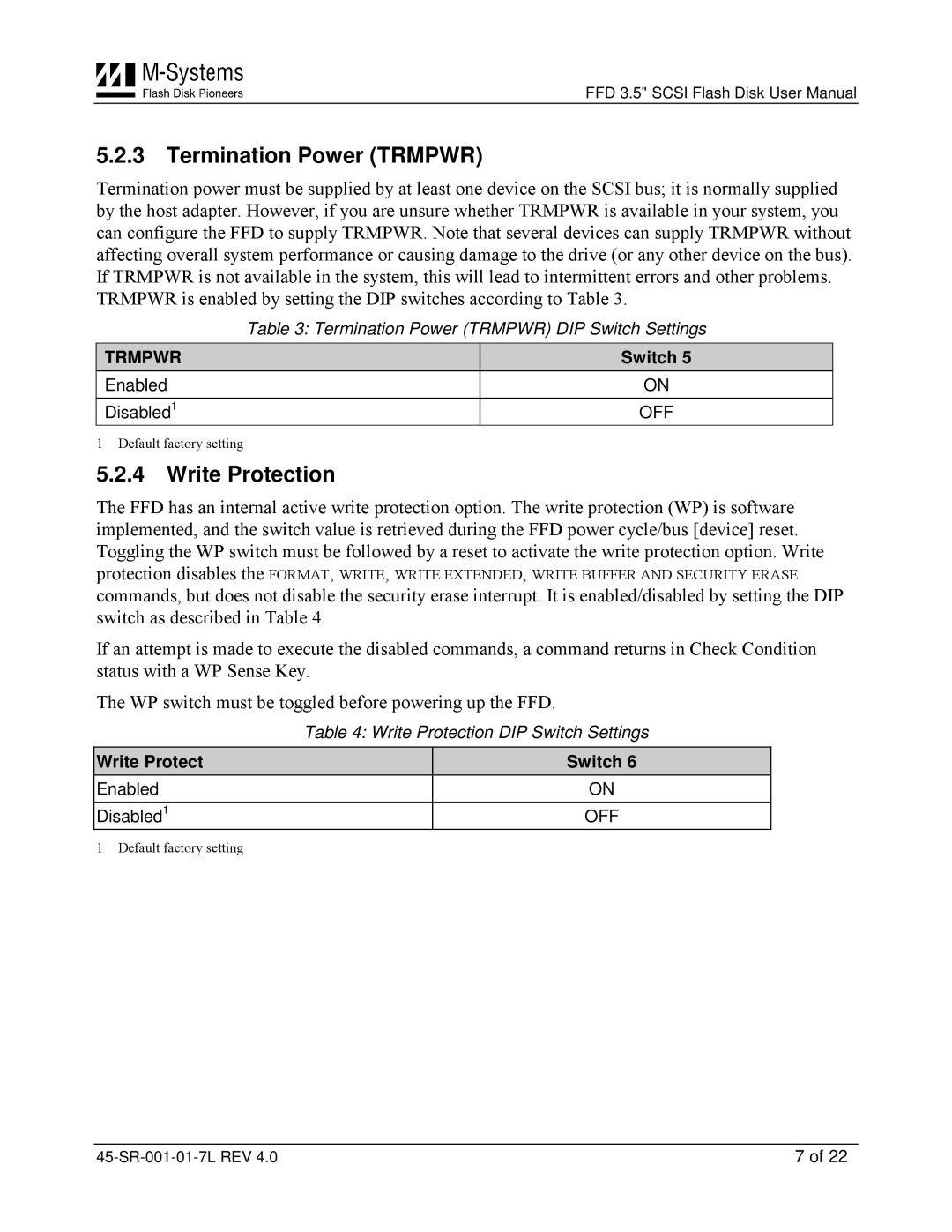 M-Systems Flash Disk Pioneers 45-SR-001-01-7L user manual Termination Power Trmpwr, Write Protection 