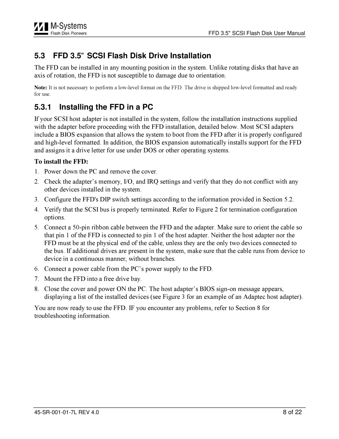 M-Systems Flash Disk Pioneers 45-SR-001-01-7L FFD 3.5 Scsi Flash Disk Drive Installation, Installing the FFD in a PC 