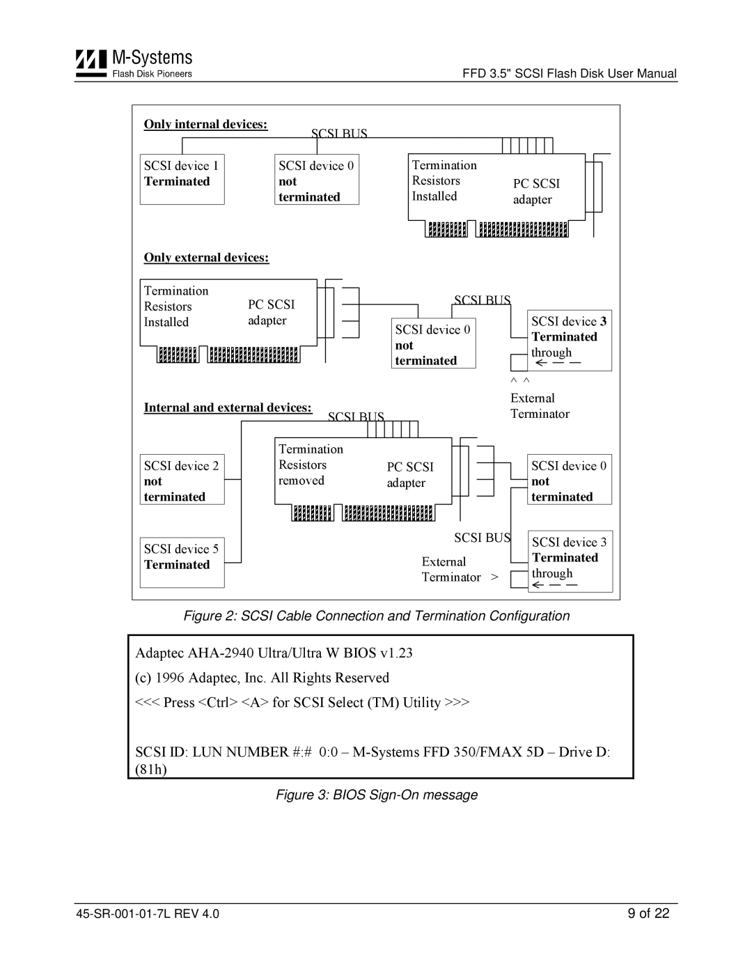 M-Systems Flash Disk Pioneers 45-SR-001-01-7L user manual Scsi Cable Connection and Termination Configuration 