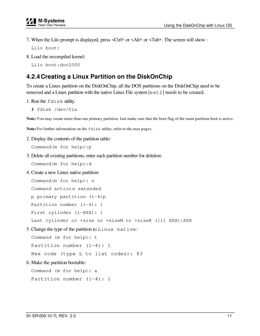 M-Systems Flash Disk Pioneers 91-SR-005-10-7L installation manual Creating a Linux Partition on the DiskOnChip 