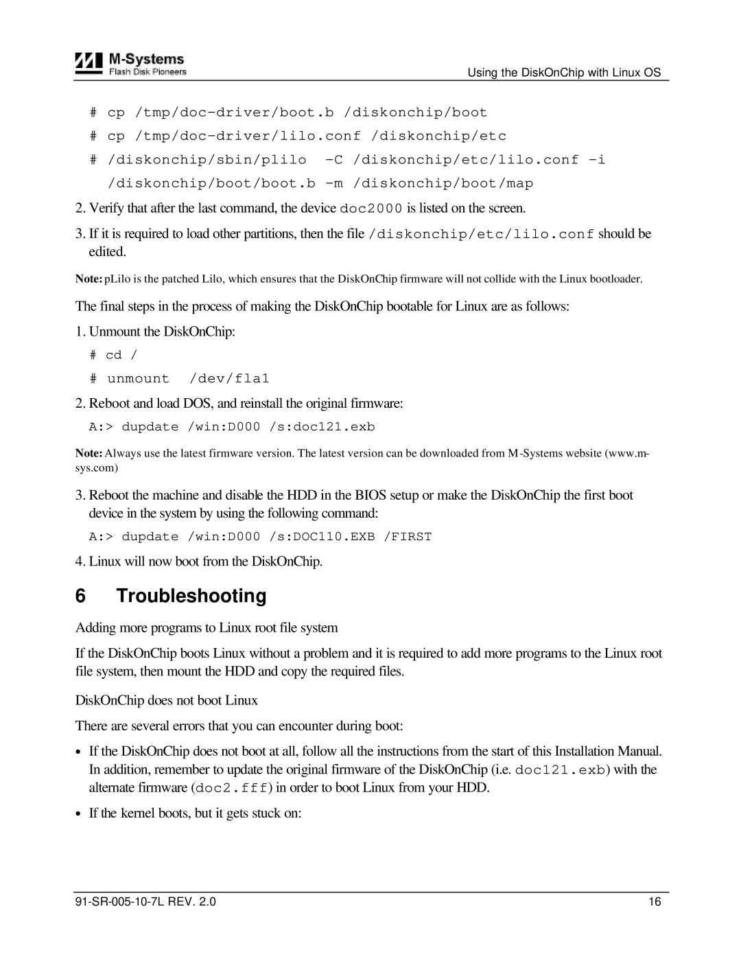 M-Systems Flash Disk Pioneers DiskOnChip Troubleshooting, Reboot and load DOS, and reinstall the original firmware 