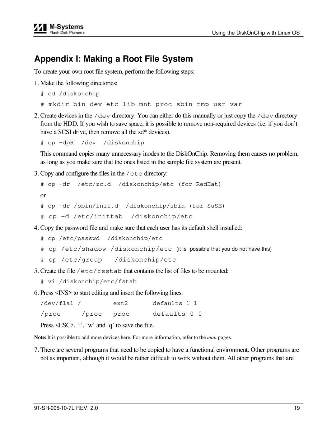 M-Systems Flash Disk Pioneers 91-SR-005-10-7L, DiskOnChip installation manual Appendix I Making a Root File System 