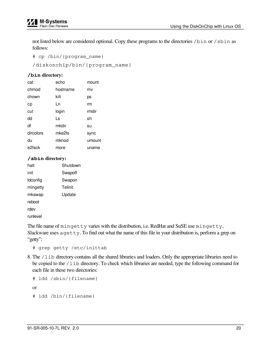 M-Systems Flash Disk Pioneers DiskOnChip, 91-SR-005-10-7L installation manual Diskonchip/bin/programname 