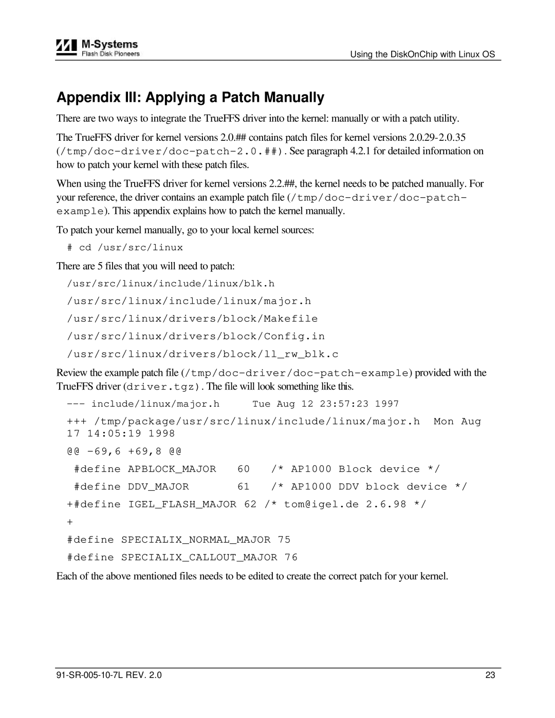 M-Systems Flash Disk Pioneers 91-SR-005-10-7L, DiskOnChip installation manual Appendix III Applying a Patch Manually 