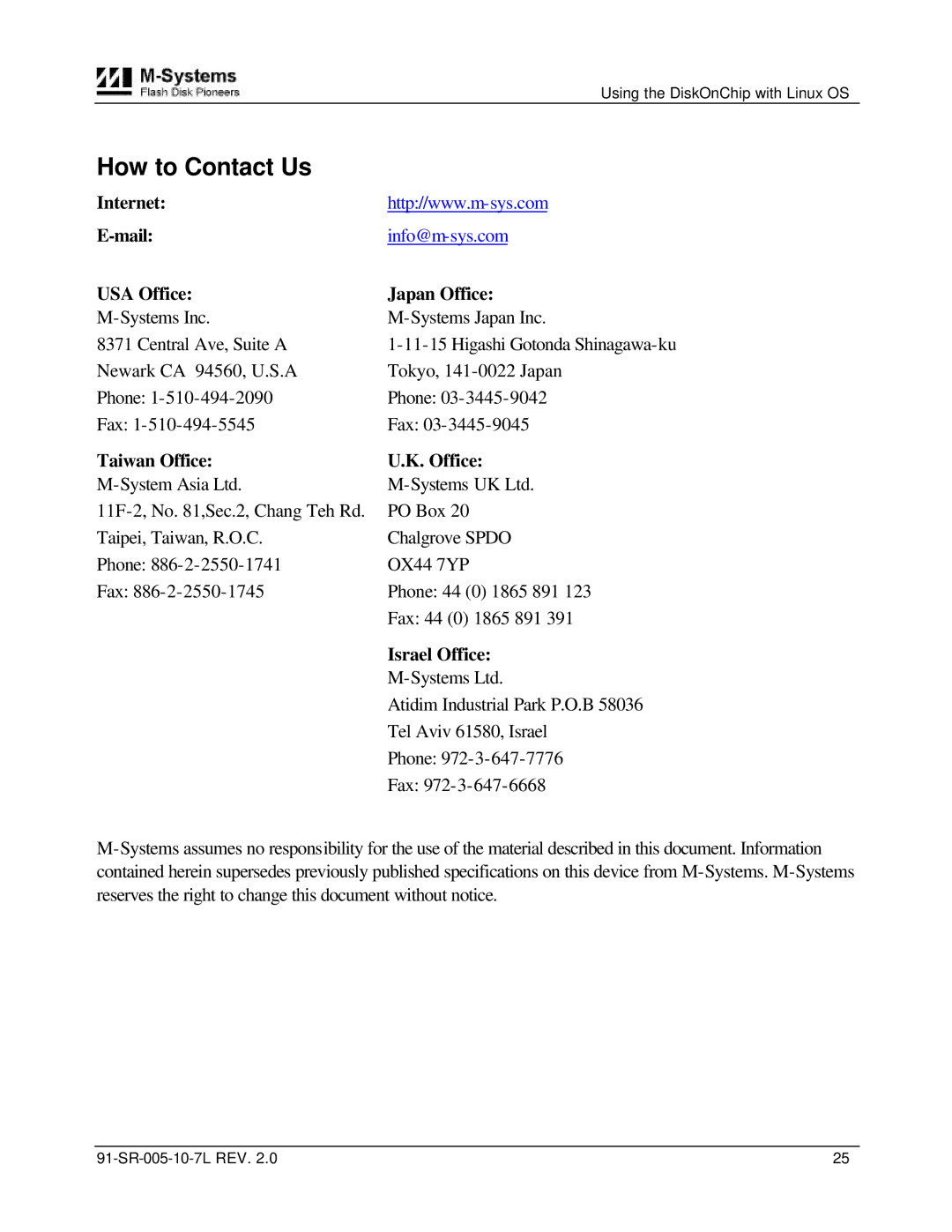 M-Systems Flash Disk Pioneers 91-SR-005-10-7L How to Contact Us, Atidim Industrial Park P.O.B, Tel Aviv 61580, Israel 