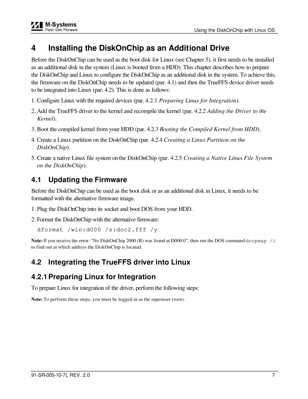 M-Systems Flash Disk Pioneers 91-SR-005-10-7L Installing the DiskOnChip as an Additional Drive, Updating the Firmware 