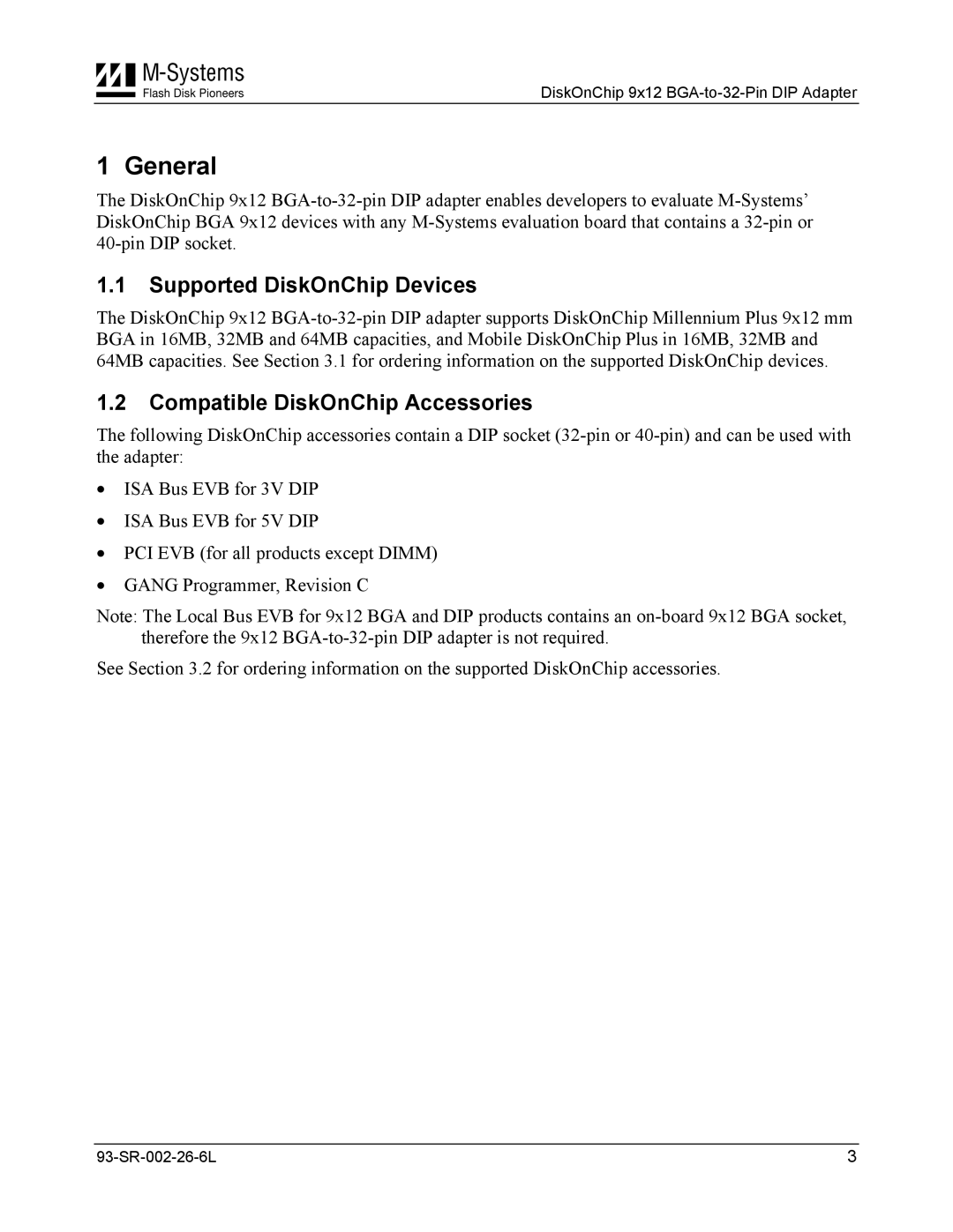 M-Systems Flash Disk Pioneers DiskOnChip 9x12 BGA-to-32-Pin DIP Adapter user manual General, Supported DiskOnChip Devices 