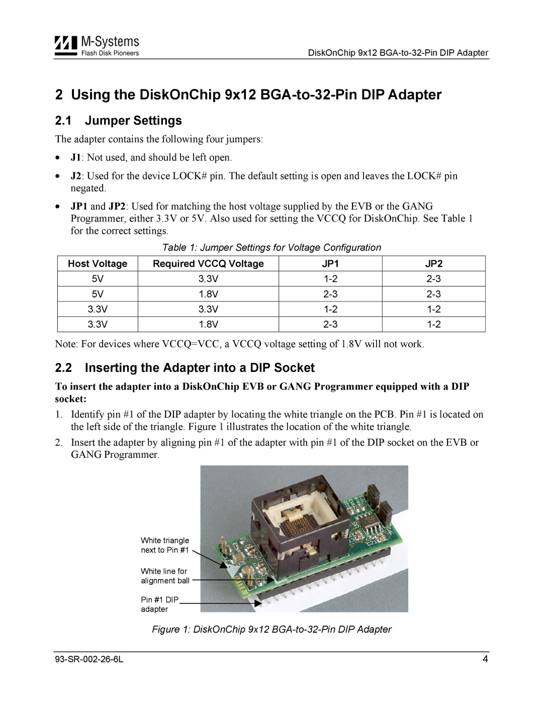 M-Systems Flash Disk Pioneers DiskOnChip 9x12 BGA-to-32-Pin DIP Adapter user manual Jumper Settings 