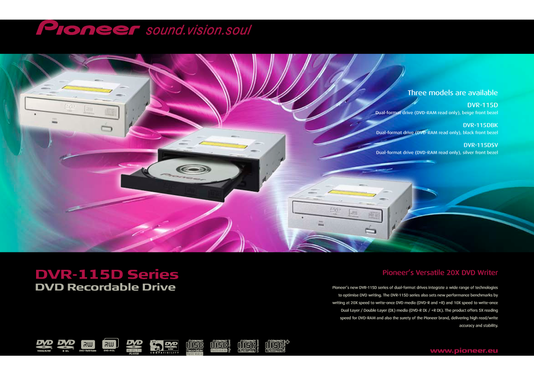 M-Systems Flash Disk Pioneers DVR-115DSV manual DVR-115D Series, DVD Recordable Drive, Three models are available 