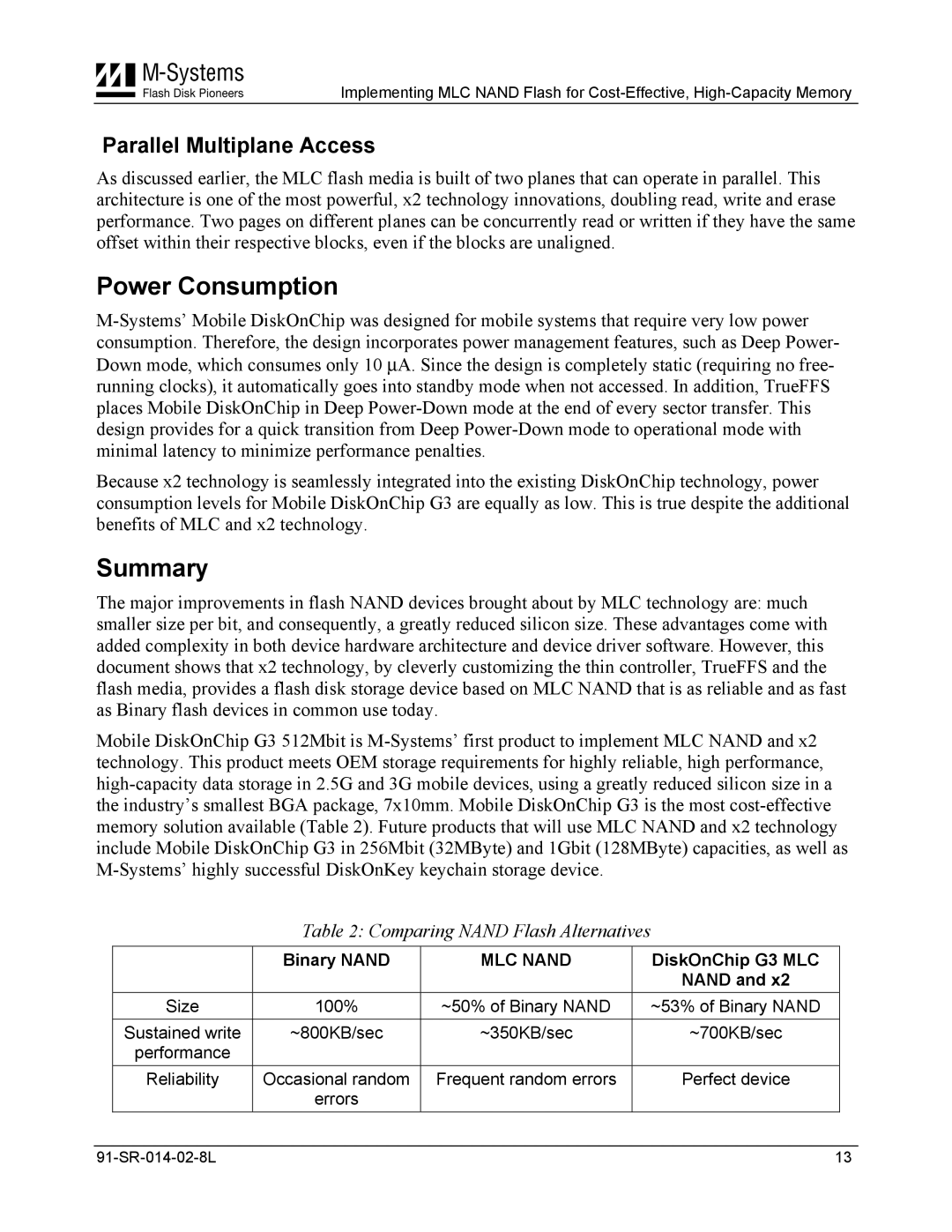 M-Systems Flash Disk Pioneers Flash Memory manual Power Consumption, Summary, Parallel Multiplane Access 