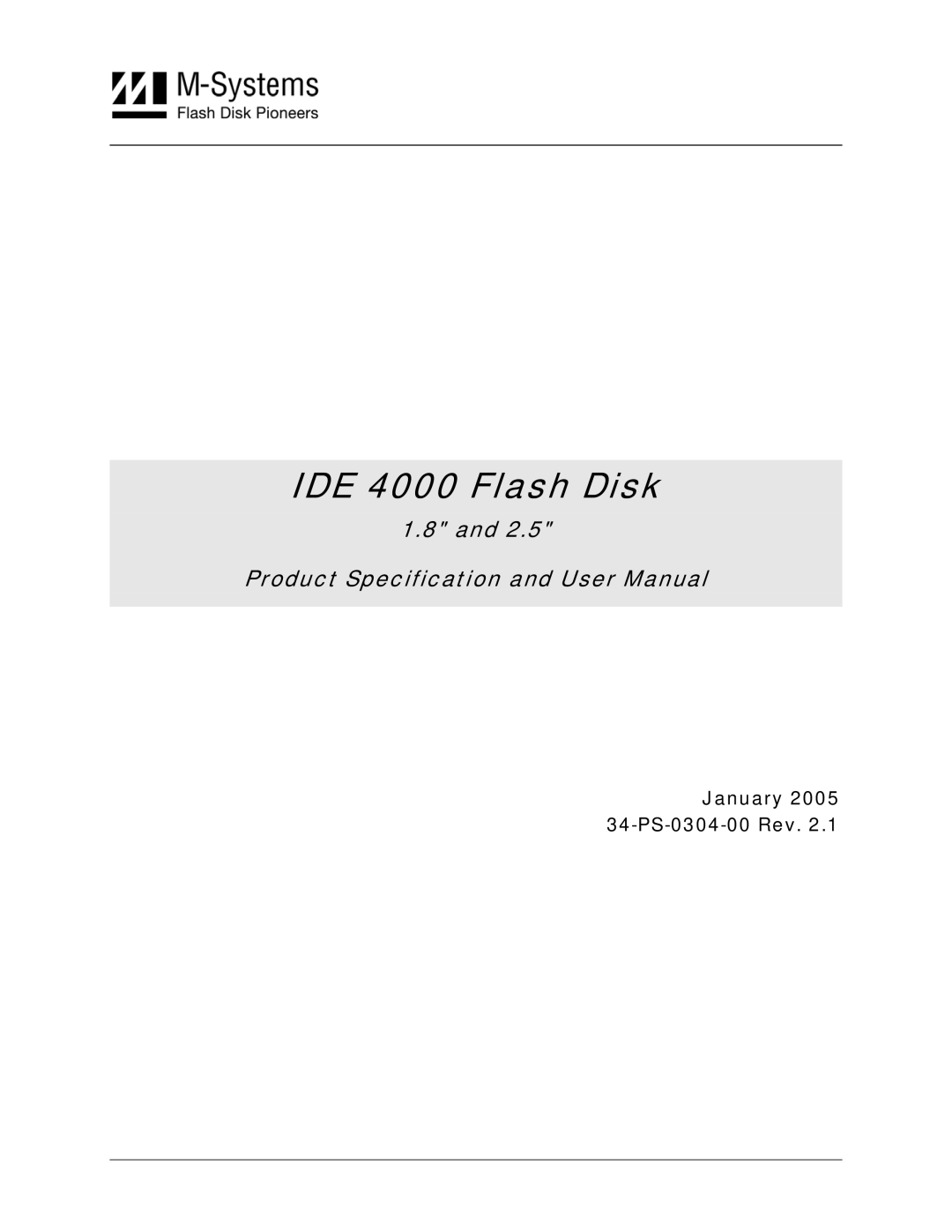 M-Systems Flash Disk Pioneers user manual IDE 4000 Flash Disk, January 34-PS-0304-00 Rev 