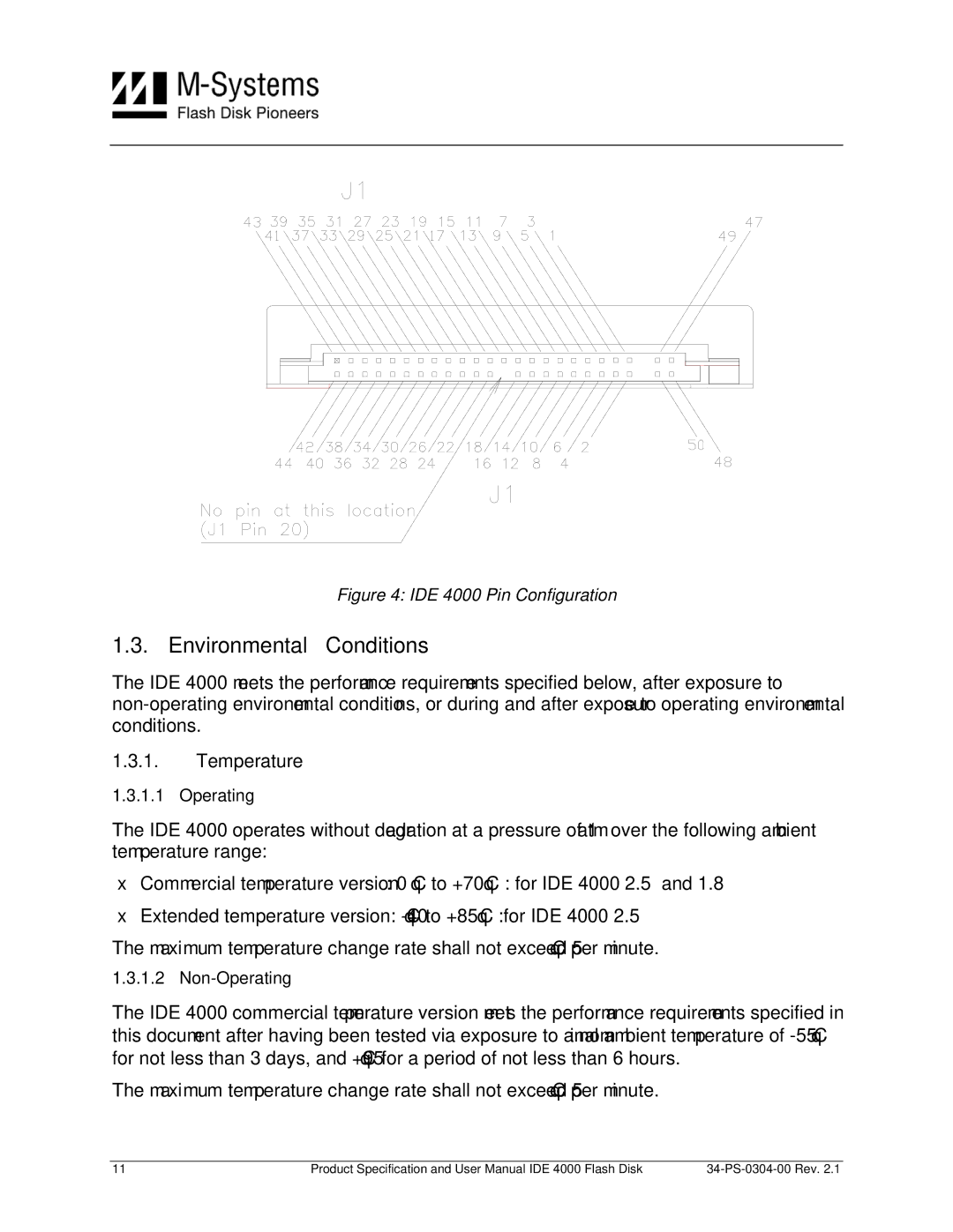 M-Systems Flash Disk Pioneers Flash Disk, IDE 4000 user manual Environmental Conditions, Temperature 