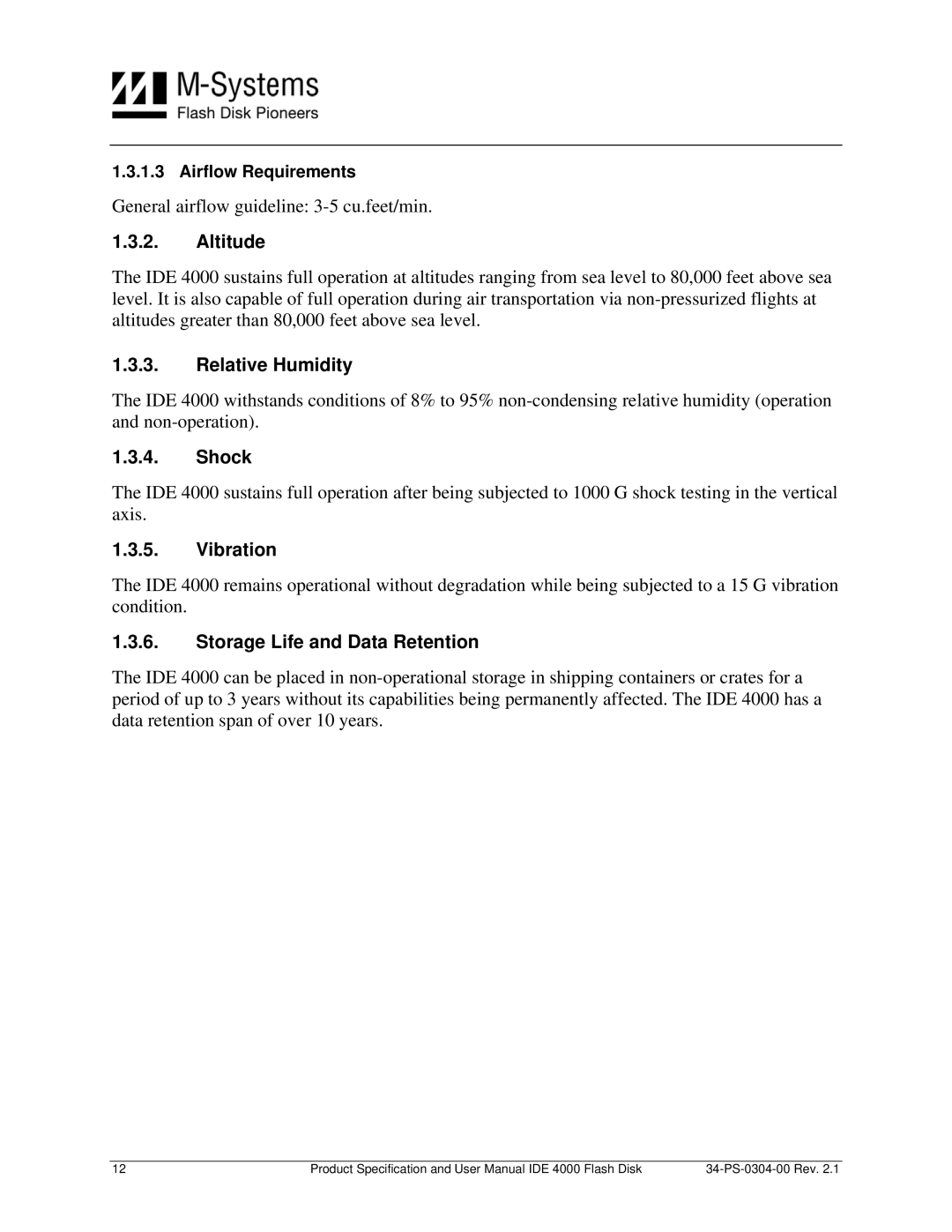 M-Systems Flash Disk Pioneers IDE 4000 Altitude, Relative Humidity, Shock, Vibration, Storage Life and Data Retention 