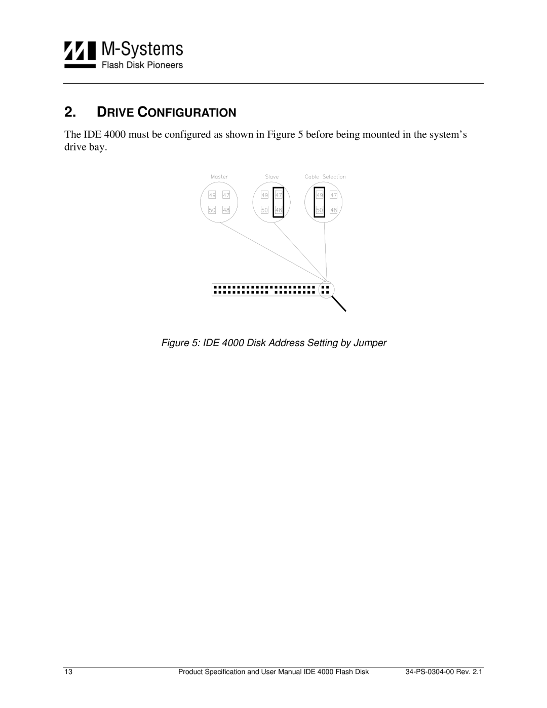 M-Systems Flash Disk Pioneers Flash Disk user manual Drive Configuration, IDE 4000 Disk Address Setting by Jumper 