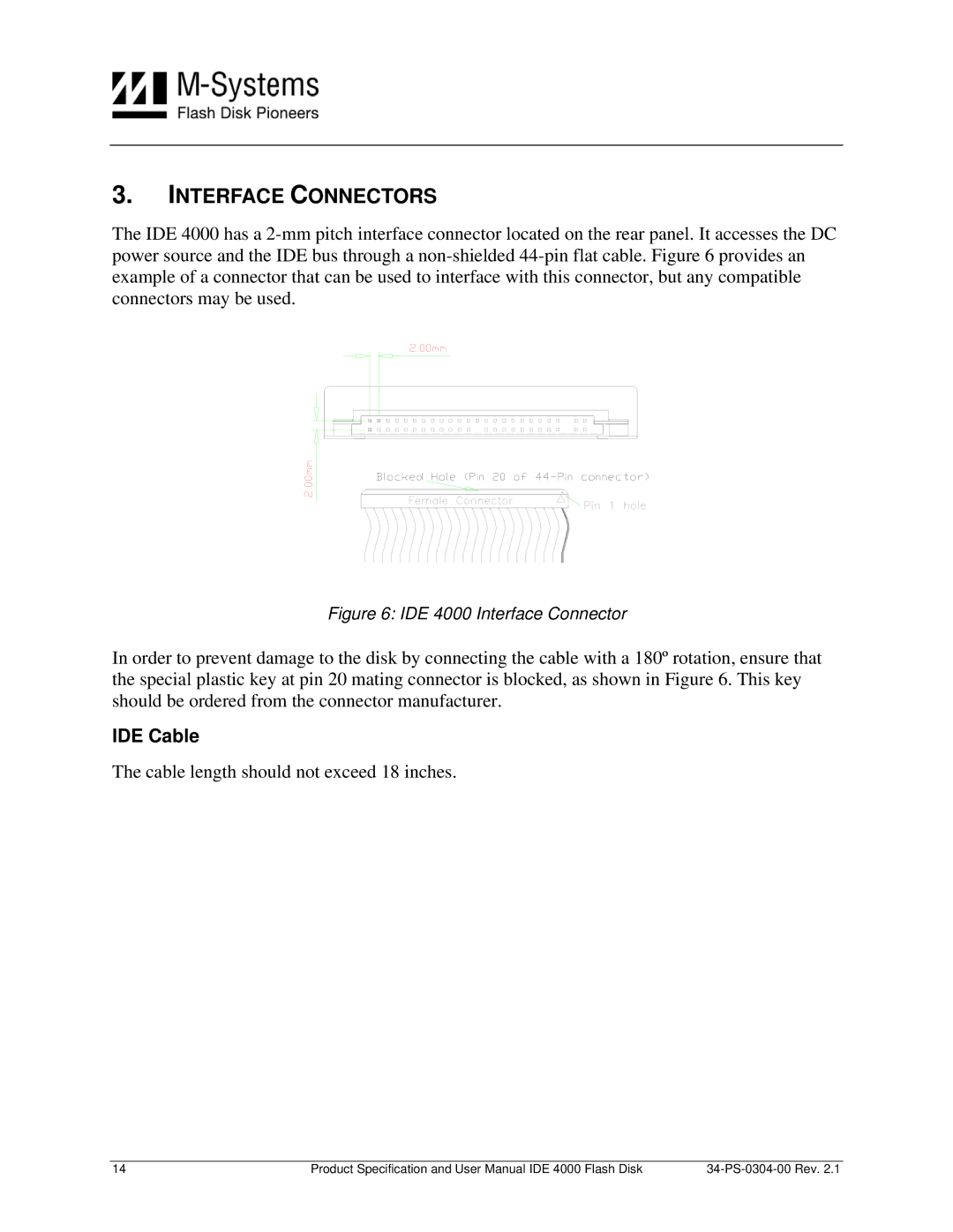 M-Systems Flash Disk Pioneers IDE 4000, Flash Disk user manual Interface Connectors, IDE Cable 