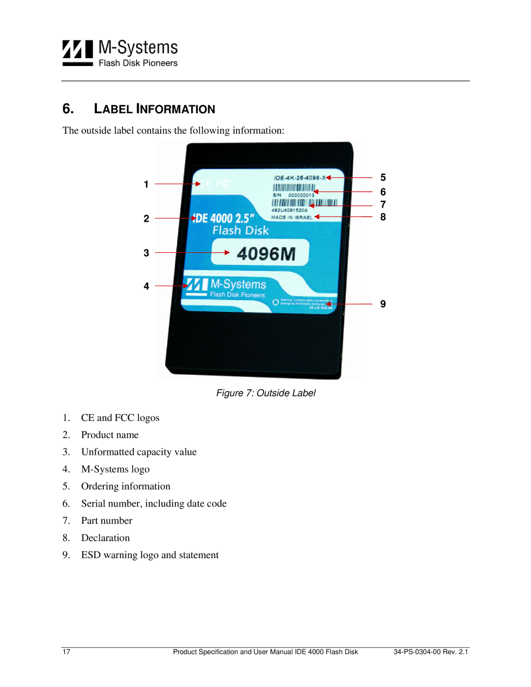 M-Systems Flash Disk Pioneers Flash Disk, IDE 4000 user manual Label Information, Outside Label 