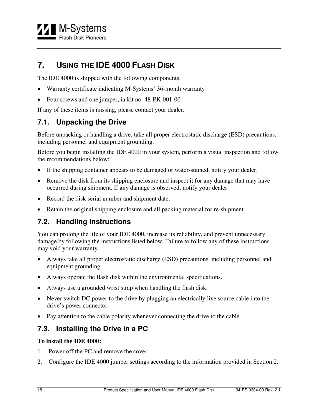 M-Systems Flash Disk Pioneers IDE 4000 user manual Unpacking the Drive, Handling Instructions, Installing the Drive in a PC 