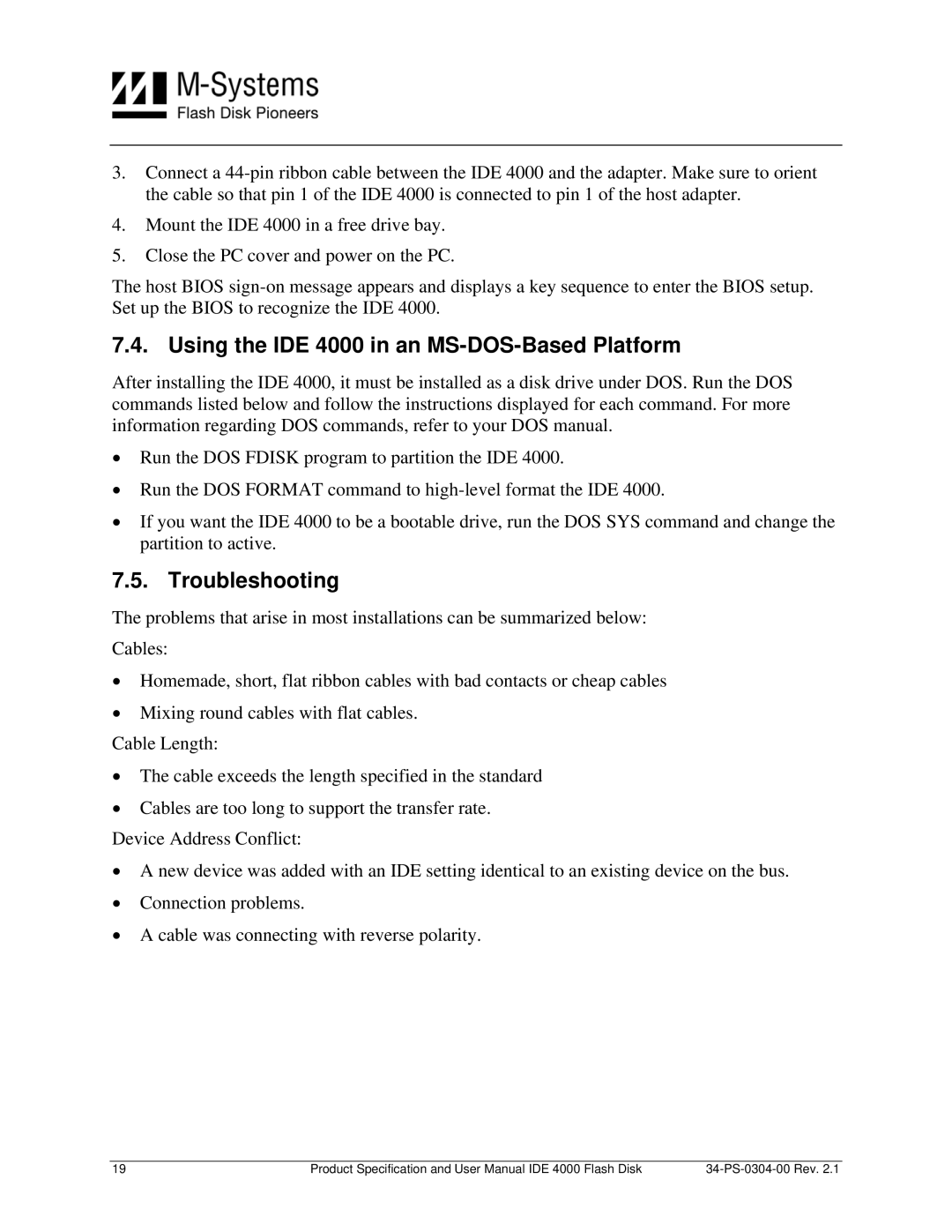 M-Systems Flash Disk Pioneers Flash Disk user manual Using the IDE 4000 in an MS-DOS-Based Platform, Troubleshooting 