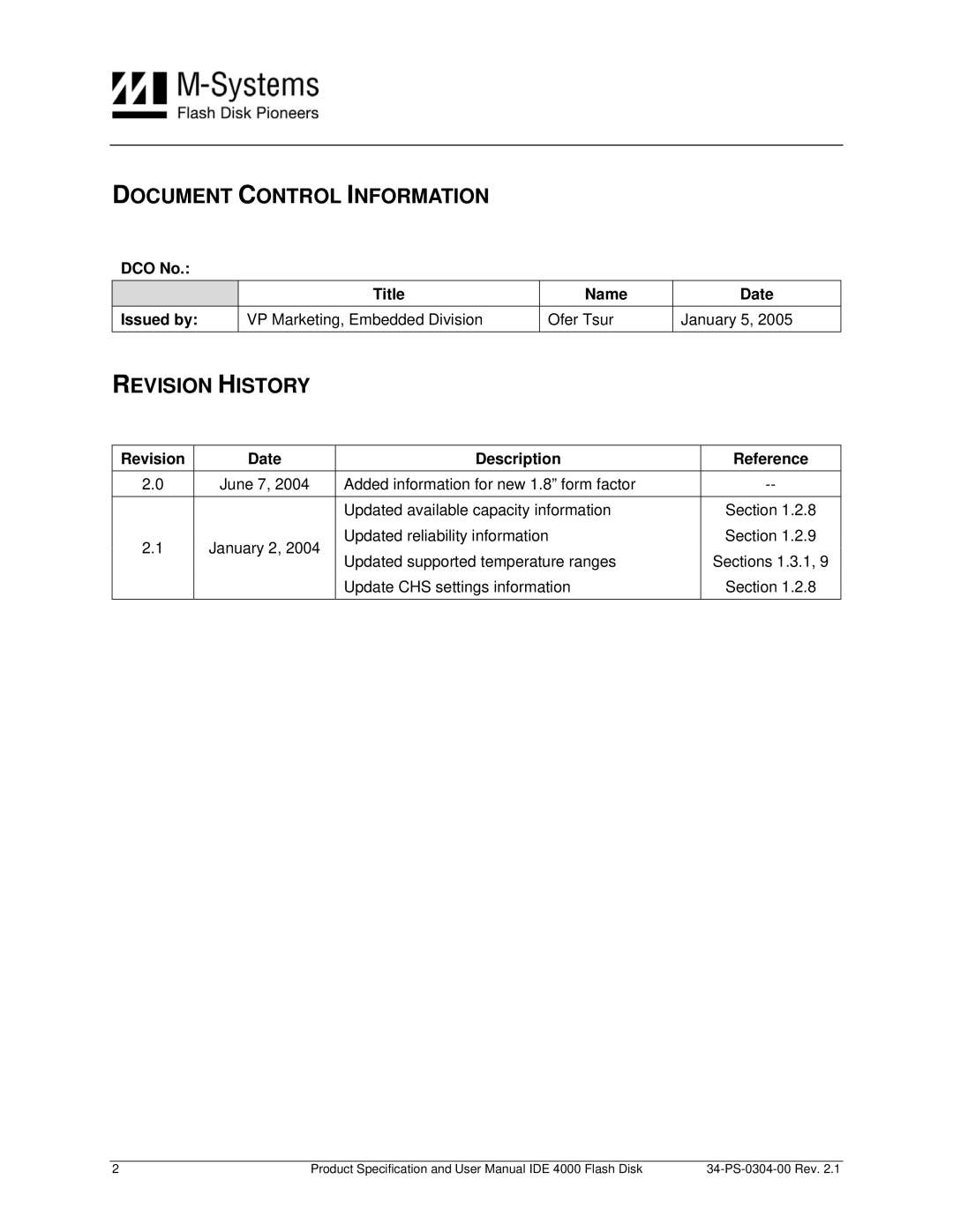 M-Systems Flash Disk Pioneers IDE 4000, Flash Disk user manual Document Control Information, Revision History 