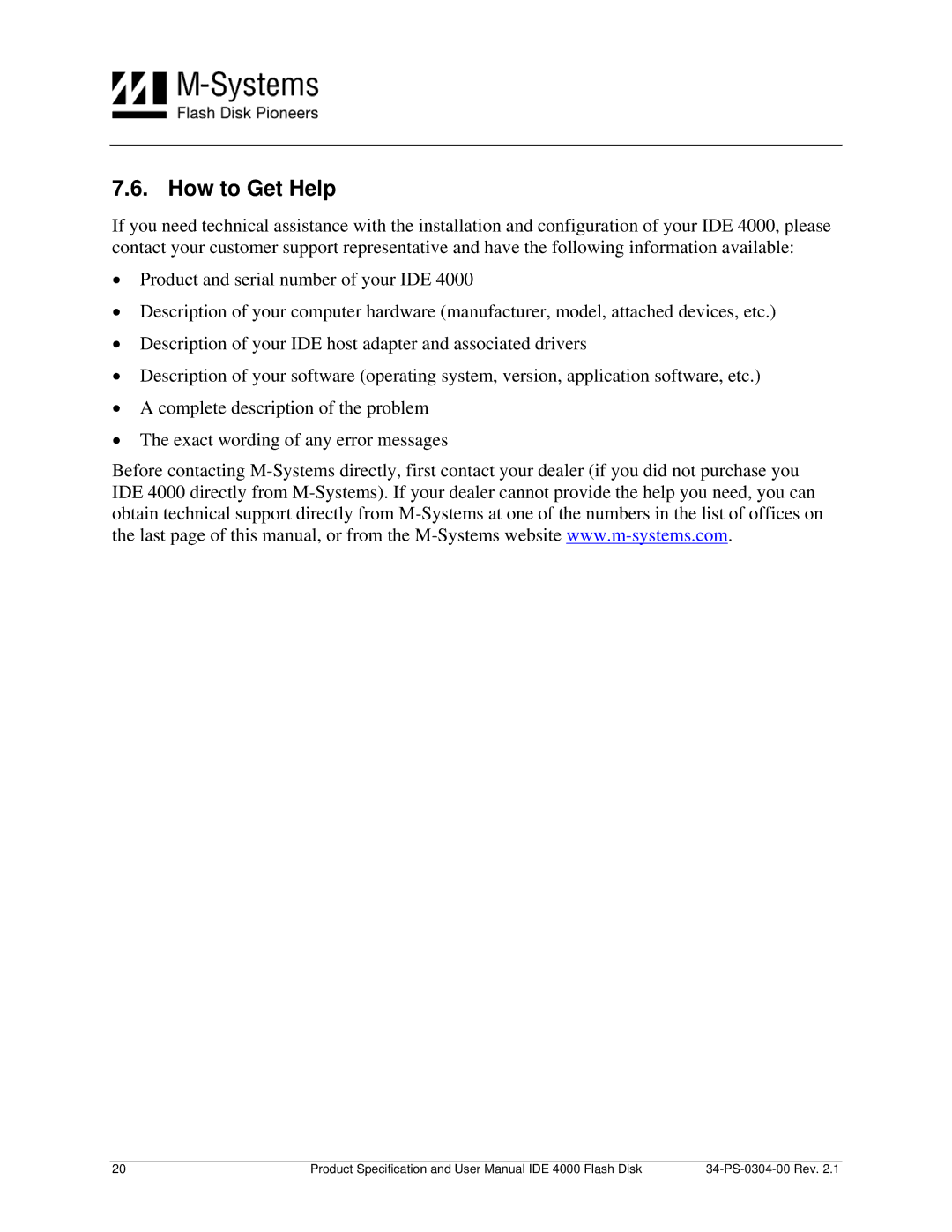 M-Systems Flash Disk Pioneers IDE 4000, Flash Disk user manual How to Get Help 
