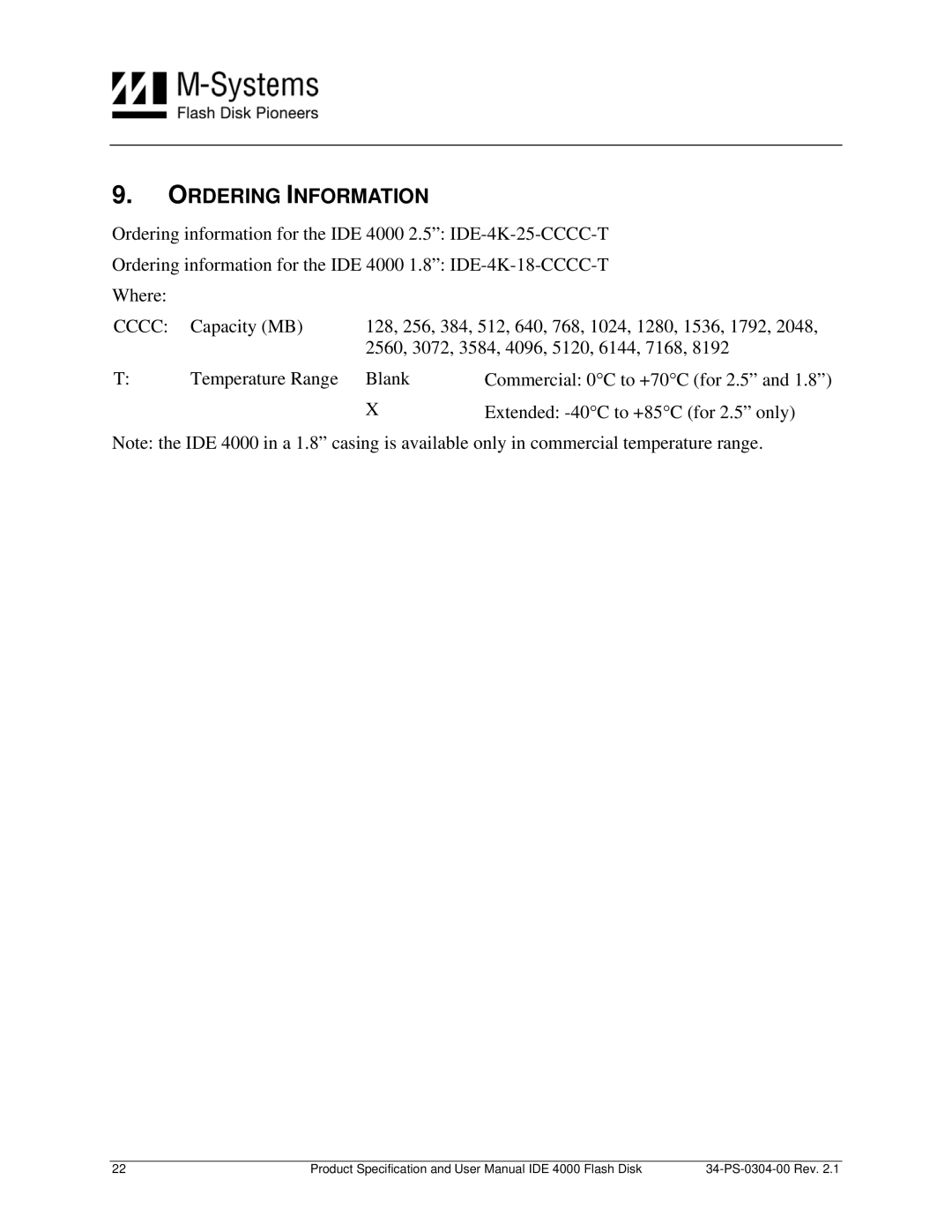 M-Systems Flash Disk Pioneers IDE 4000, Flash Disk user manual Ordering Information, Cccc 