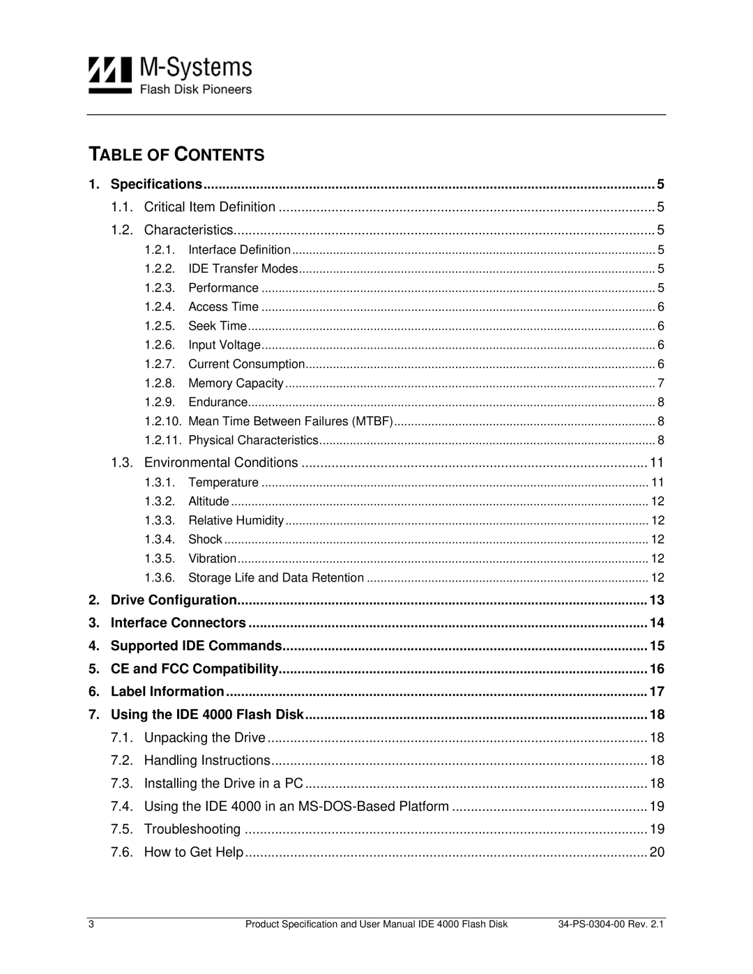 M-Systems Flash Disk Pioneers Flash Disk, IDE 4000 user manual Table of Contents 