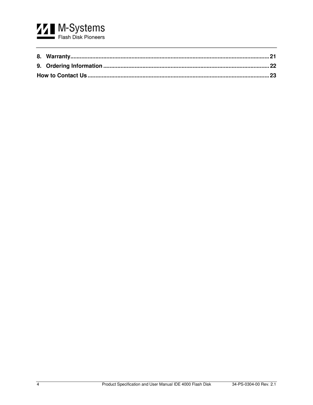 M-Systems Flash Disk Pioneers IDE 4000, Flash Disk user manual Warranty Ordering Information How to Contact Us 