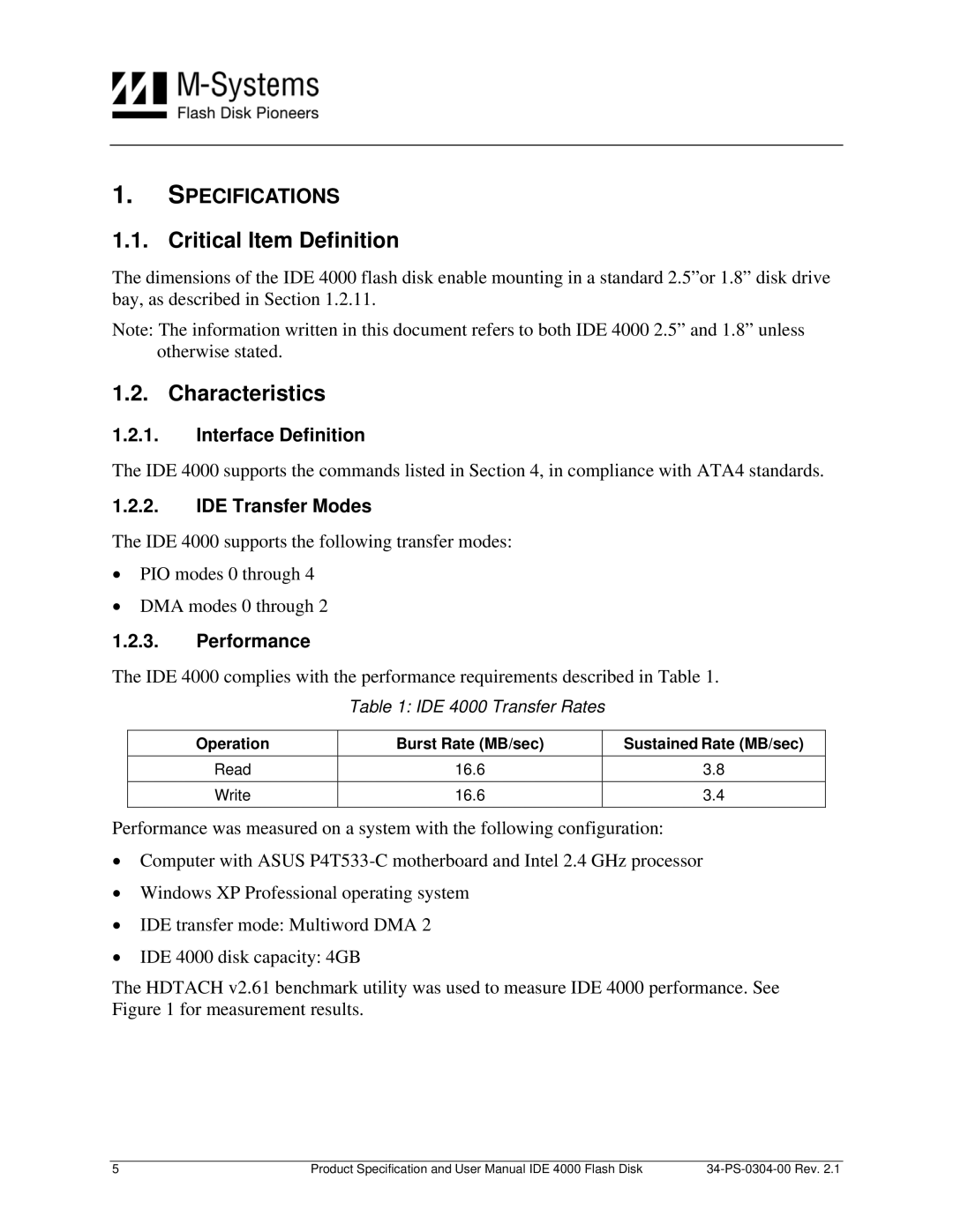 M-Systems Flash Disk Pioneers Flash Disk, IDE 4000 user manual Critical Item Definition, Characteristics, Specifications 