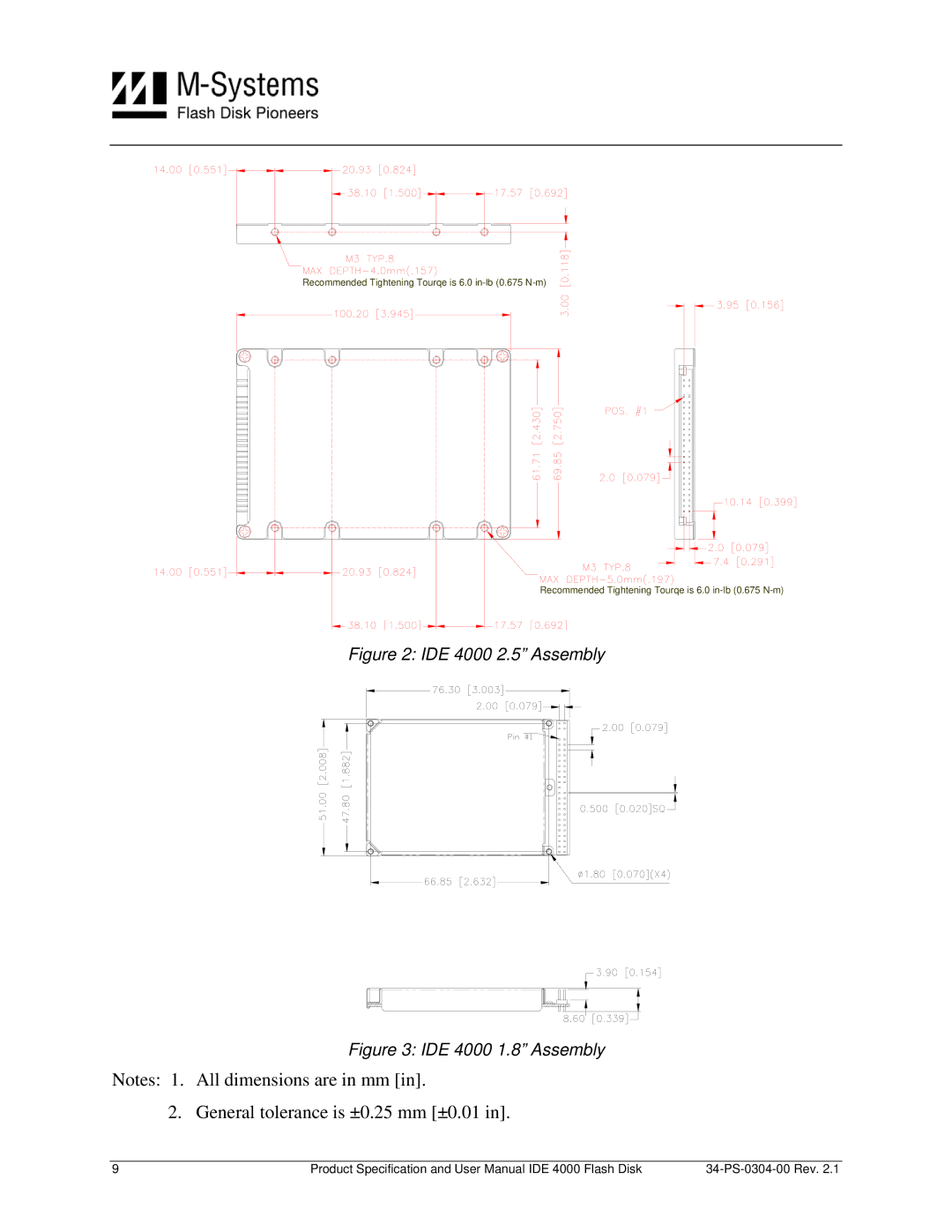 M-Systems Flash Disk Pioneers Flash Disk, IDE 4000 user manual General tolerance is ±0.25 mm ±0.01 