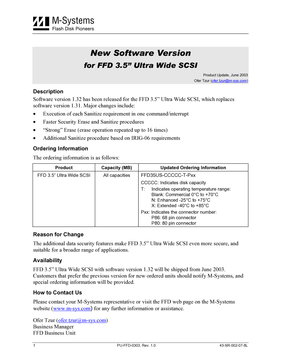 M-Systems Flash Disk Pioneers PU-FFD-0303 manual New Software Version, For FFD 3.5 Ultra Wide Scsi 