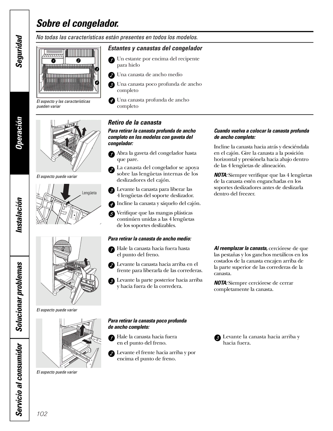 Mabe Canada 25, 21 installation instructions Sobre el congelador, Estantes y canastas del congelador, Retiro de la canasta 