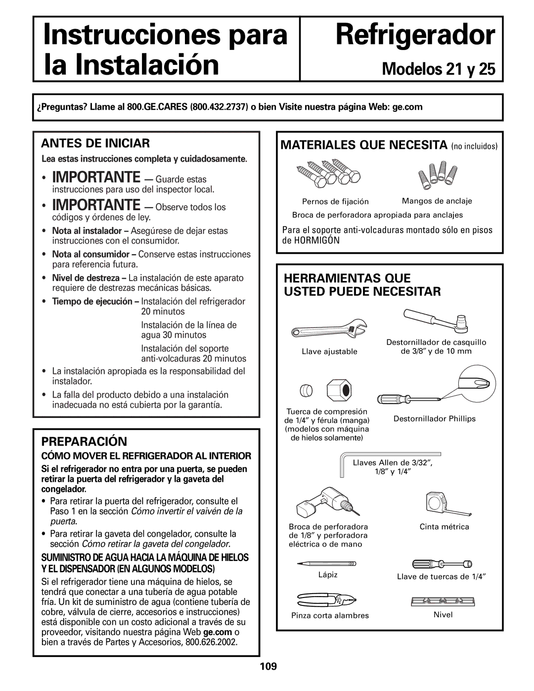 Mabe Canada 21 Antes DE Iniciar, Preparación, Materiales QUE Necesita no incluidos, Herramientas QUE Usted Puede Necesitar 