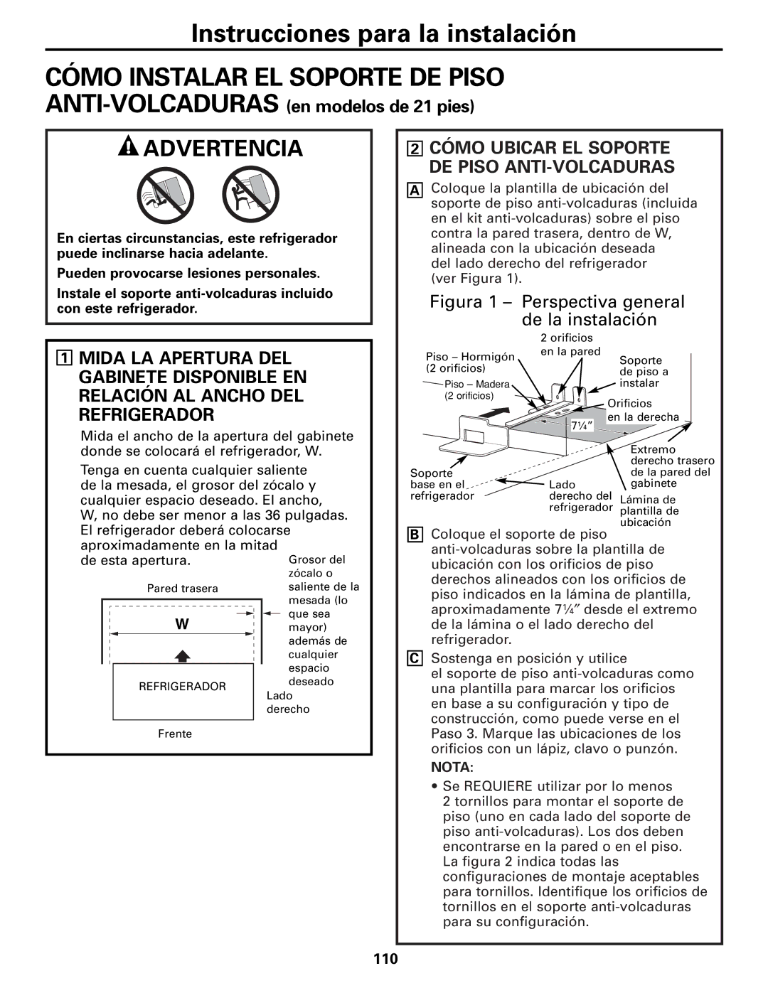 Mabe Canada 25, 21 installation instructions Cómo Ubicar EL Soporte DE Piso ANTI-VOLCADURAS, 110 