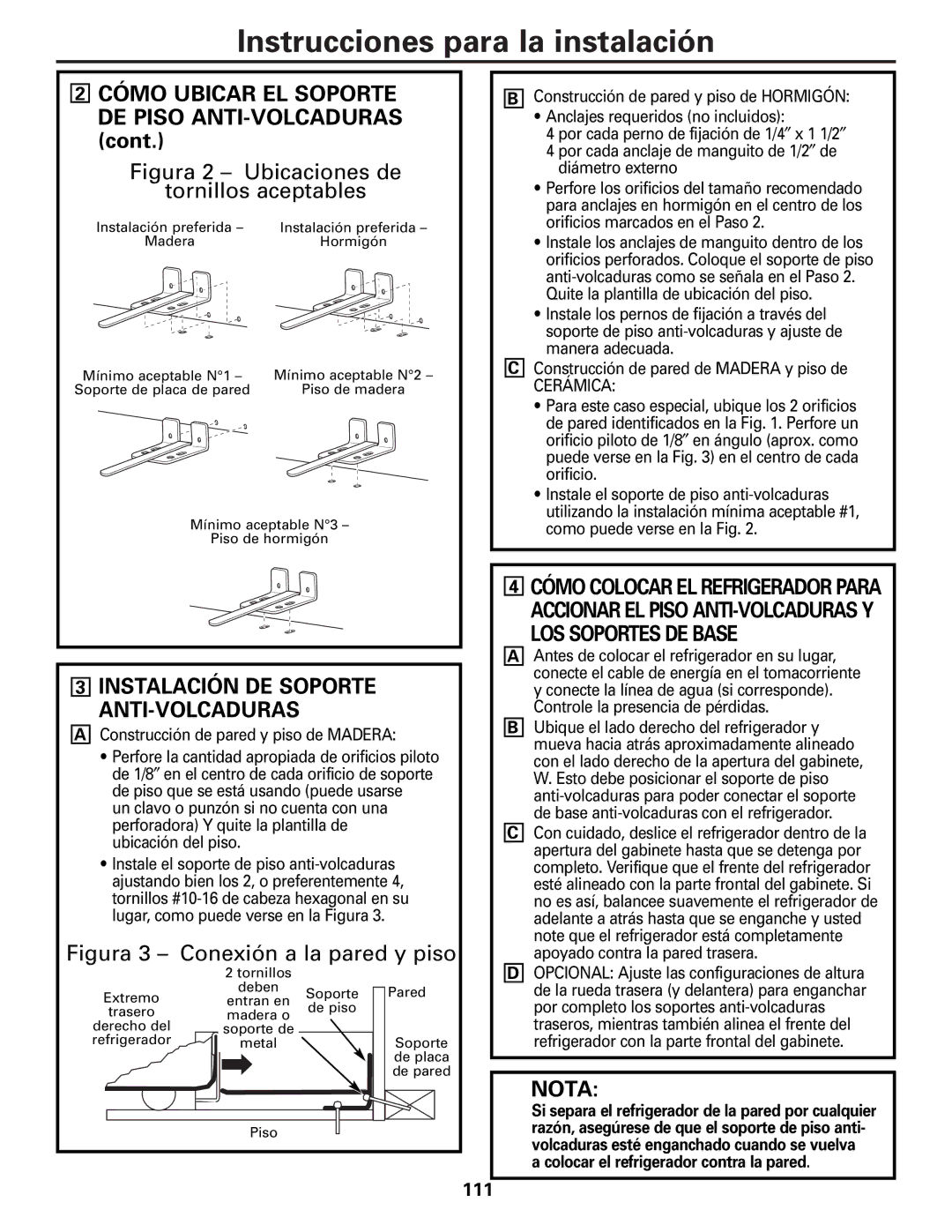 Mabe Canada 21, 25 installation instructions Cómo Ubicar EL Soporte DE Piso ANTI-VOLCADURAS, LOS Soportes DE Base, Nota, 111 