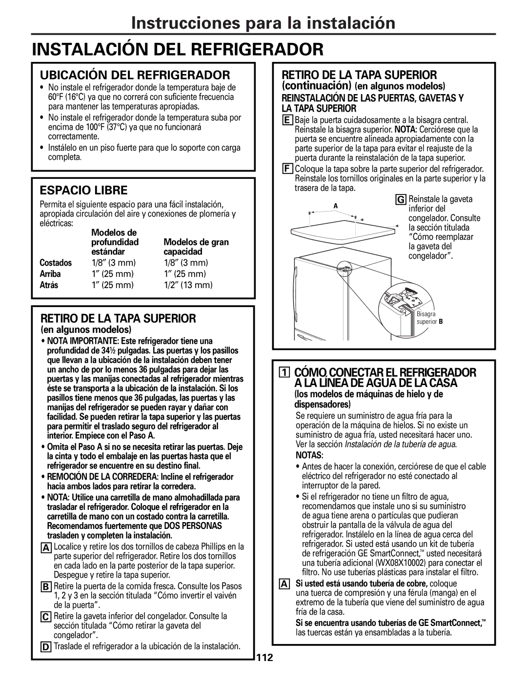 Mabe Canada 25, 21 Instalación DEL Refrigerador, Ubicación DEL Refrigerador, Espacio Libre, Retiro DE LA Tapa Superior 