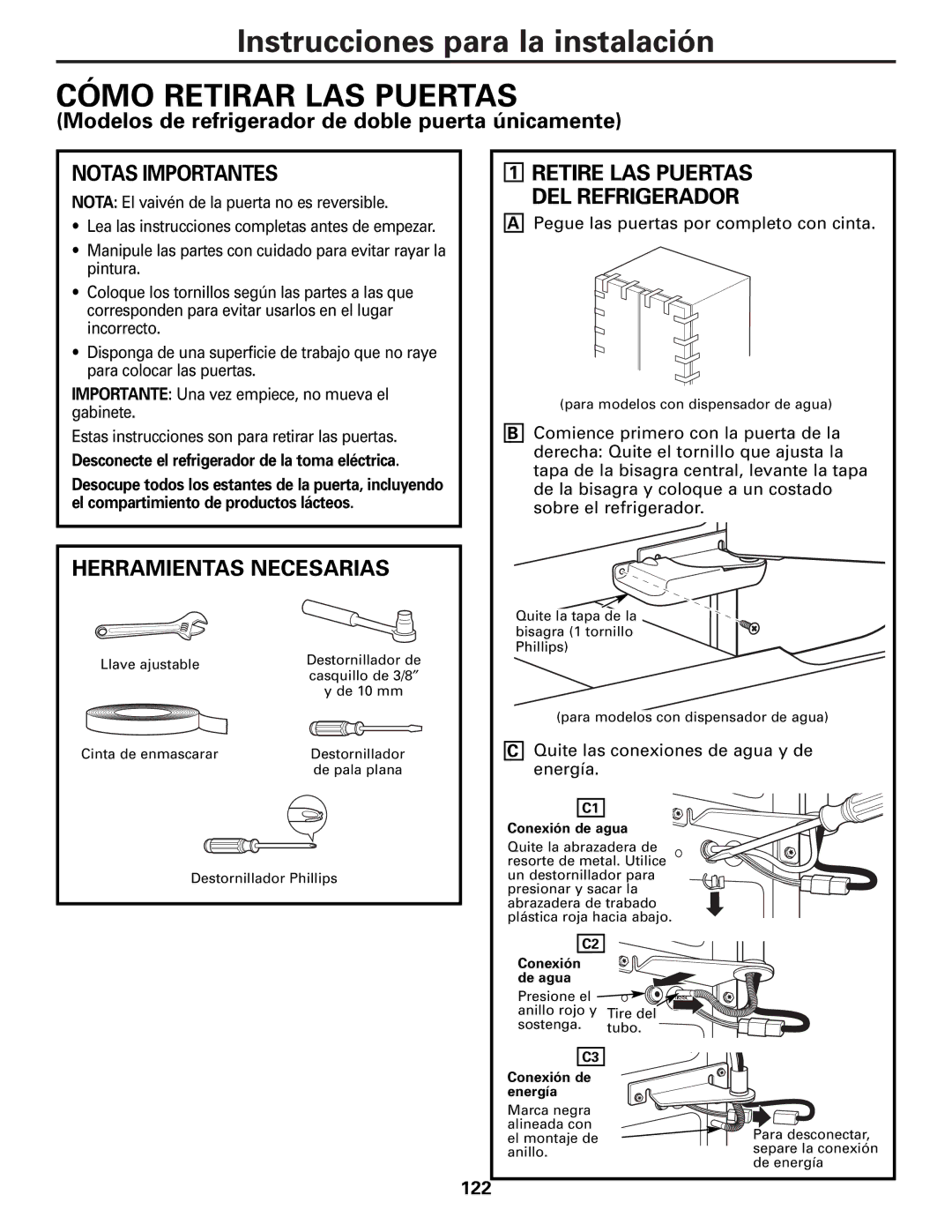 Mabe Canada 25, 21 Cómo Retirar LAS Puertas, Modelos de refrigerador de doble puerta únicamente, 122 