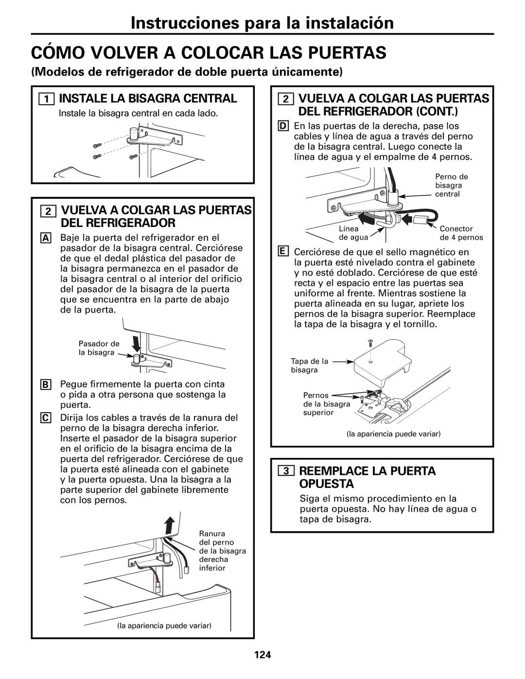 Mabe Canada 25, 21 Cómo Volver a Colocar LAS Puertas, Vuelva a Colgar LAS Puertas DEL Refrigerador, 124 