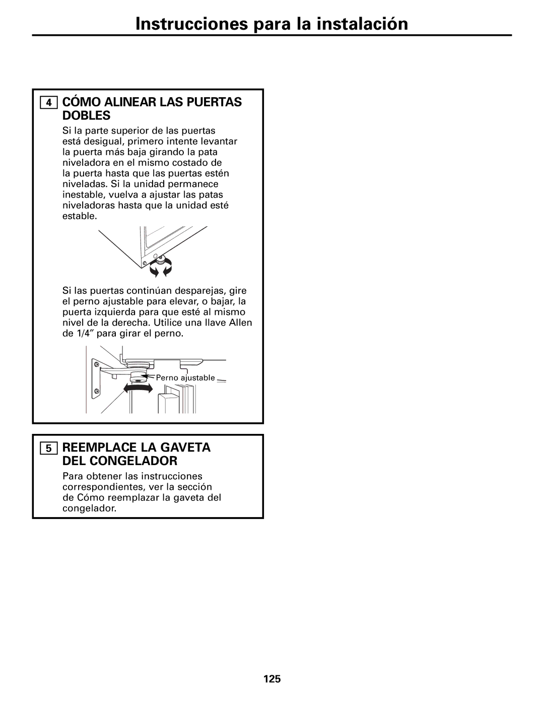 Mabe Canada 21 installation instructions Cómo Alinear LAS Puertas Dobles, Reemplace LA Gaveta DEL Congelador, 125 