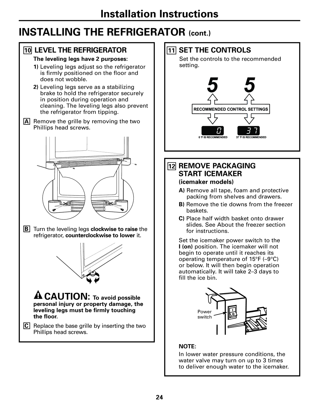 Mabe Canada 25, 21 SET the Controls, Remove Packaging Start Icemaker, Icemaker models, Leveling legs have 2 purposes 