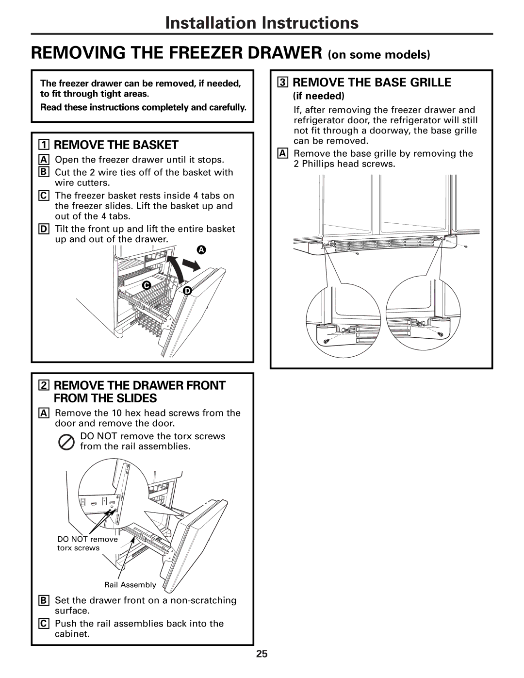 Mabe Canada 21, 25 Remove the Basket, Remove the Base Grille, Remove the Drawer Front from the Slides, If needed 