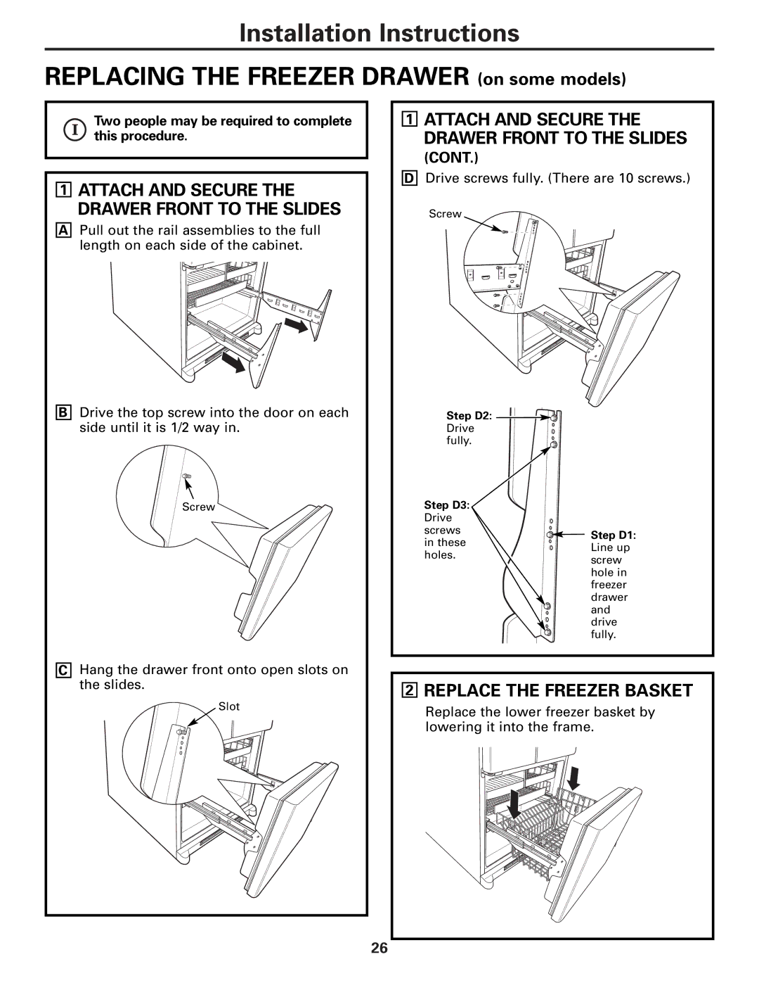 Mabe Canada 25, 21 installation instructions Replace the Freezer Basket, Attach and Secure the Drawer Front to the Slides 