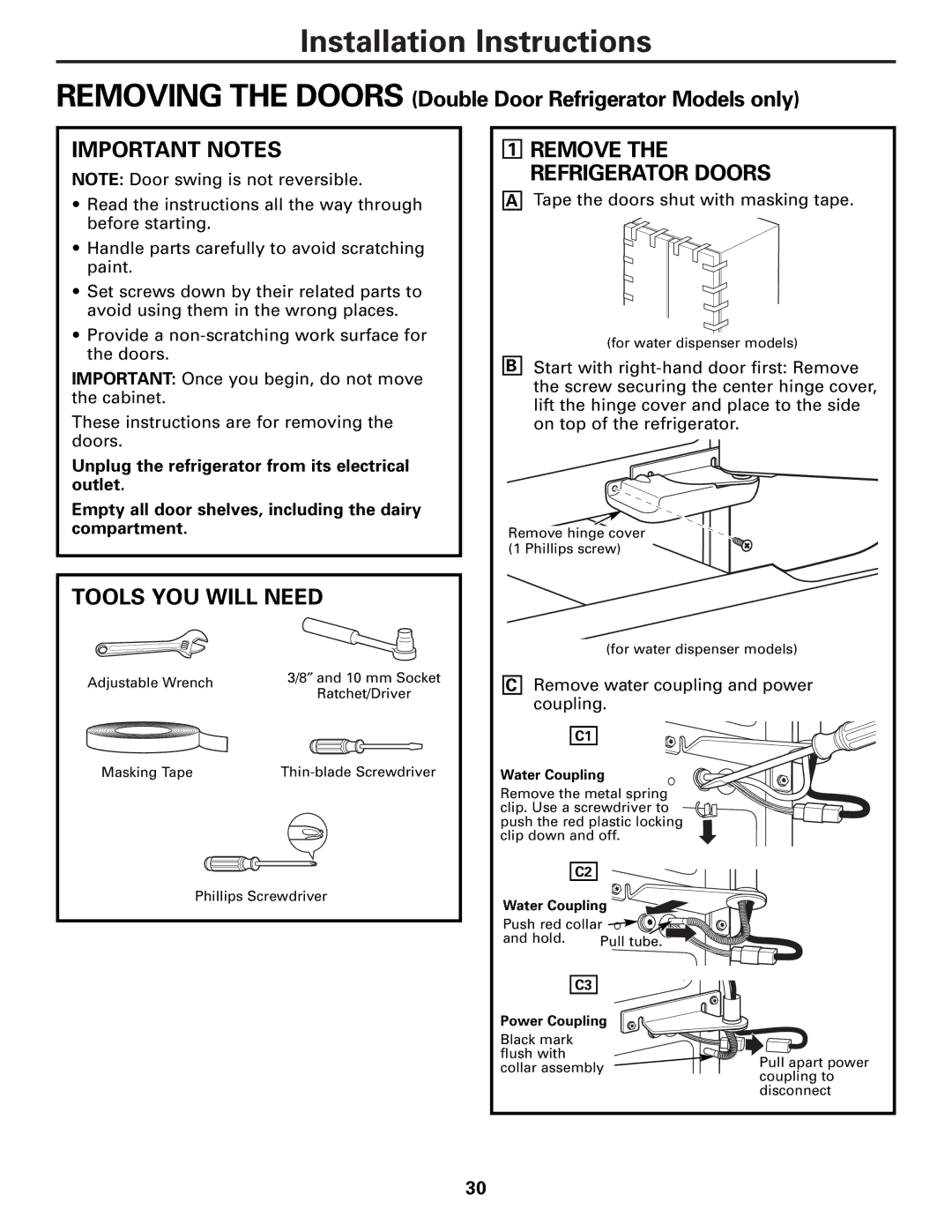 Mabe Canada 25, 21 Removing the Doors Double Door Refrigerator Models only, Remove the Refrigerator Doors 