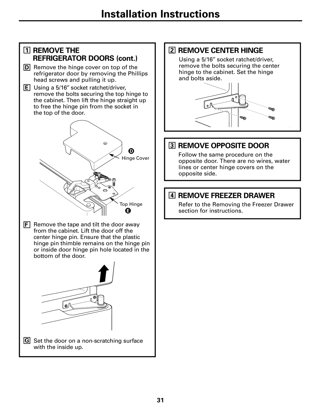 Mabe Canada 21, 25 installation instructions Refrigerator Doors, Remove Opposite Door, Remove Freezer Drawer 