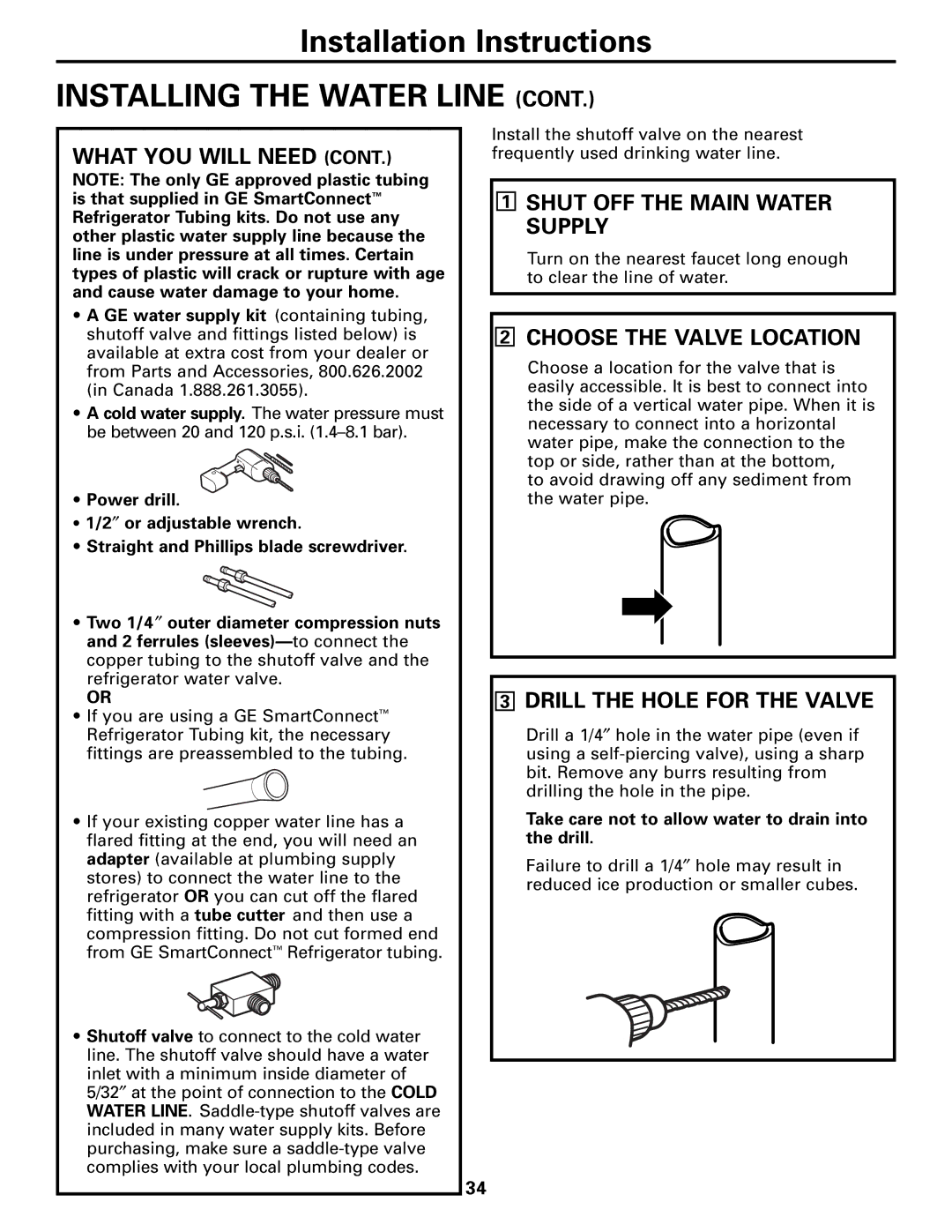 Mabe Canada 25, 21 Installing the Water Line, Shut OFF the Main Water Supply, Choose the Valve Location 