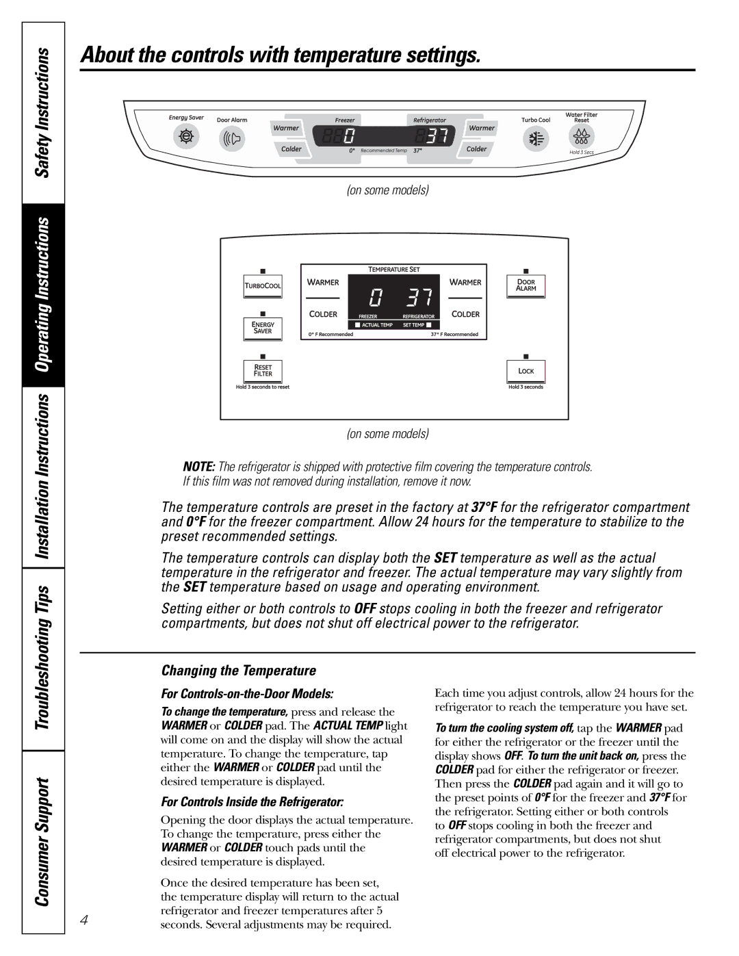 Mabe Canada 25 About the controls with temperature settings, Consumer Support Troubleshooting, Changing the Temperature 